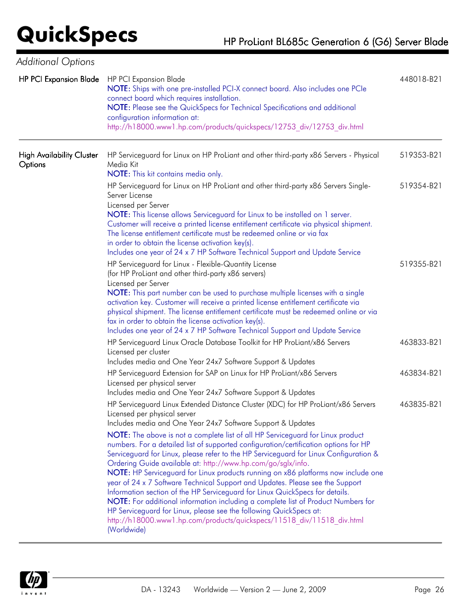 Quickspecs | HP PROLIANT BL685C User Manual | Page 26 / 33
