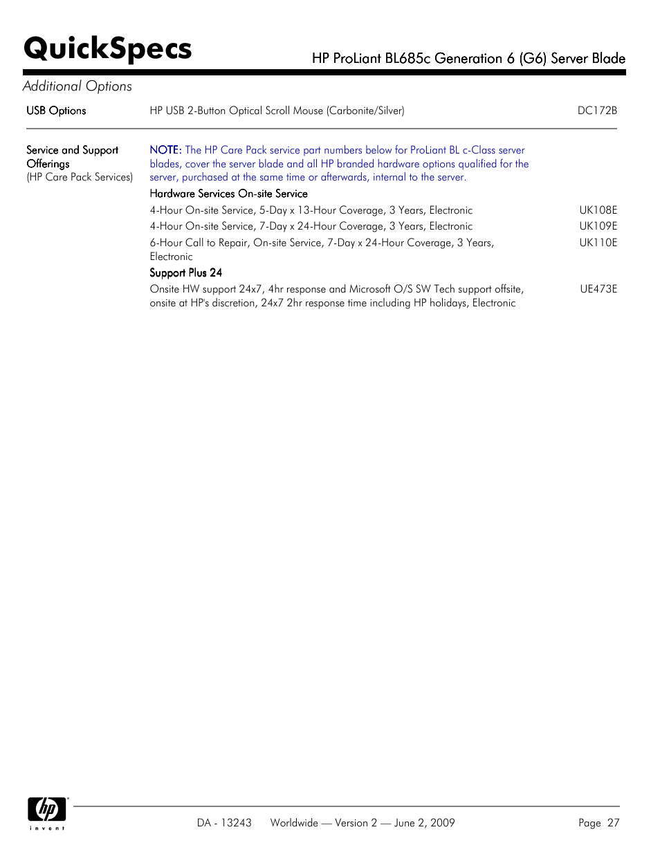 Quickspecs | HP PROLIANT BL685C User Manual | Page 27 / 33