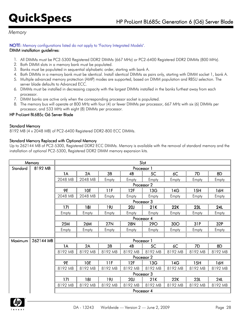 Memory, Quickspecs | HP PROLIANT BL685C User Manual | Page 28 / 33
