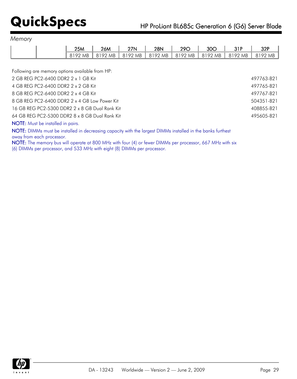 Quickspecs | HP PROLIANT BL685C User Manual | Page 29 / 33