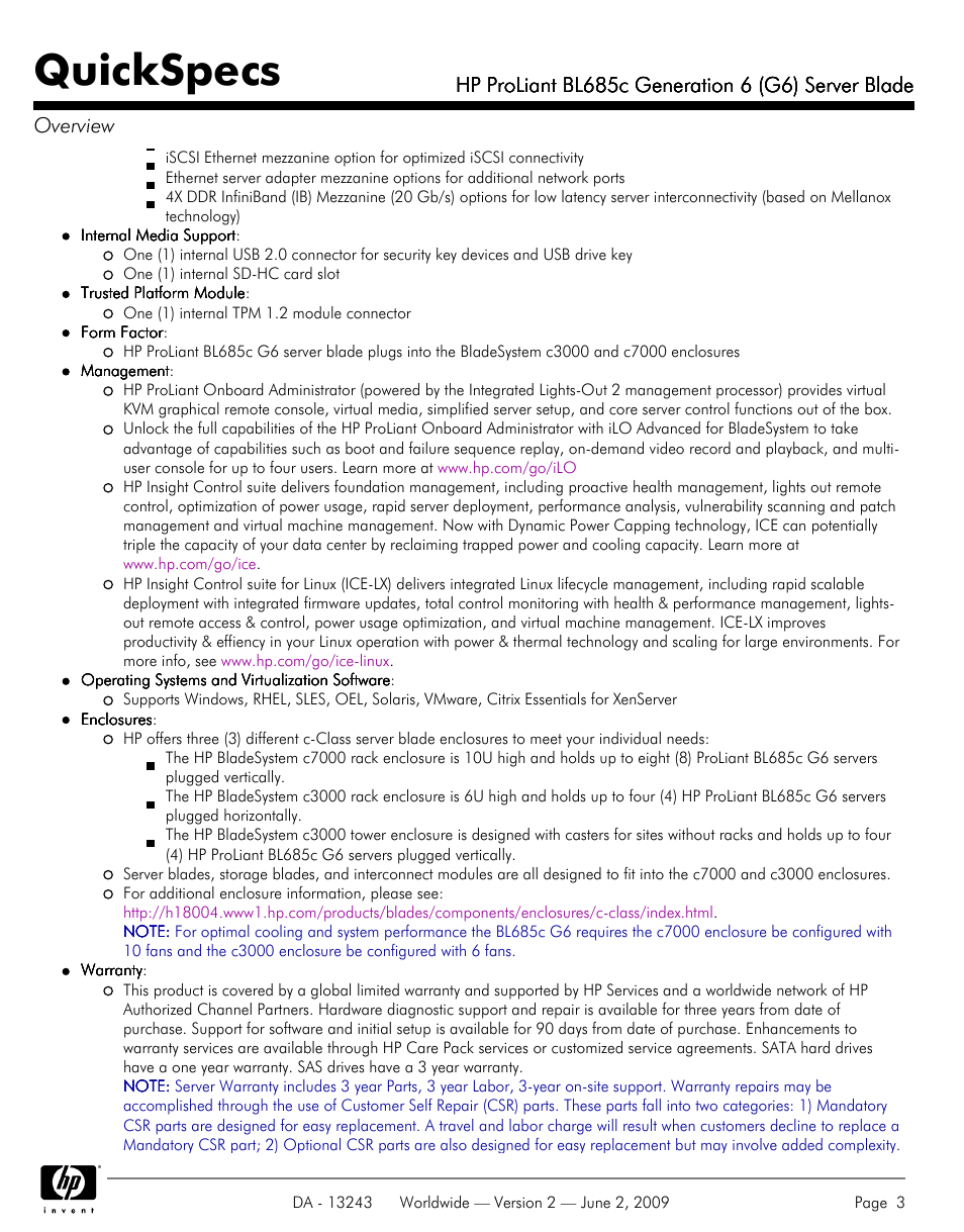 Quickspecs | HP PROLIANT BL685C User Manual | Page 3 / 33