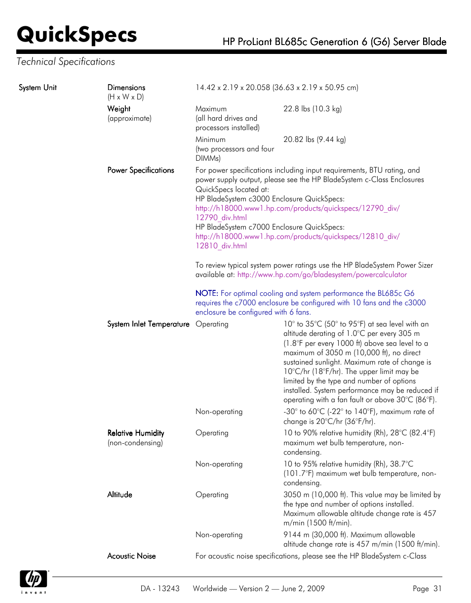 Technical specifications, Quickspecs | HP PROLIANT BL685C User Manual | Page 31 / 33