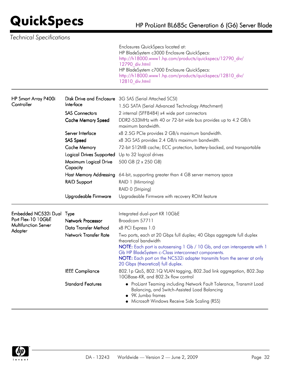 Quickspecs | HP PROLIANT BL685C User Manual | Page 32 / 33