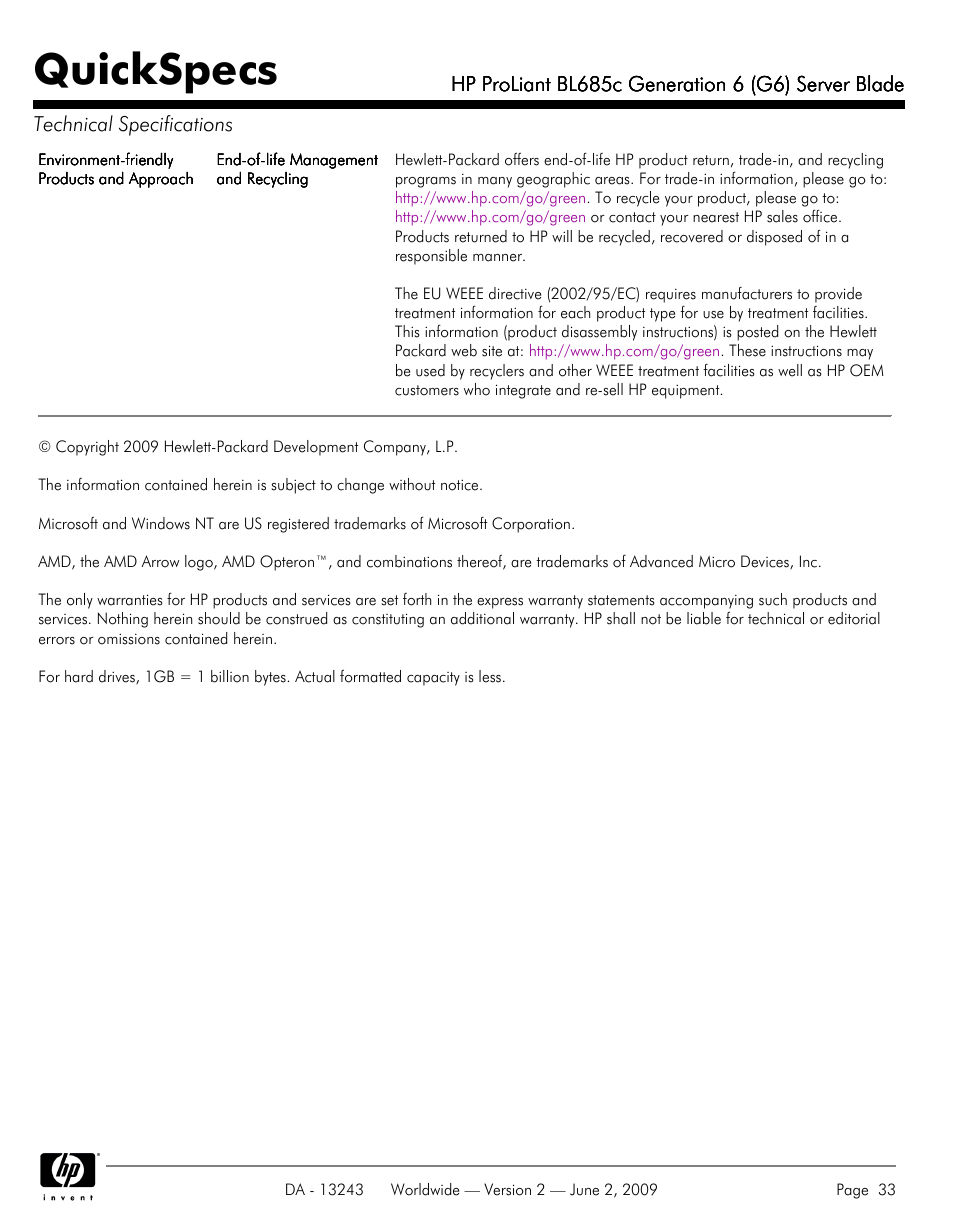 Quickspecs | HP PROLIANT BL685C User Manual | Page 33 / 33