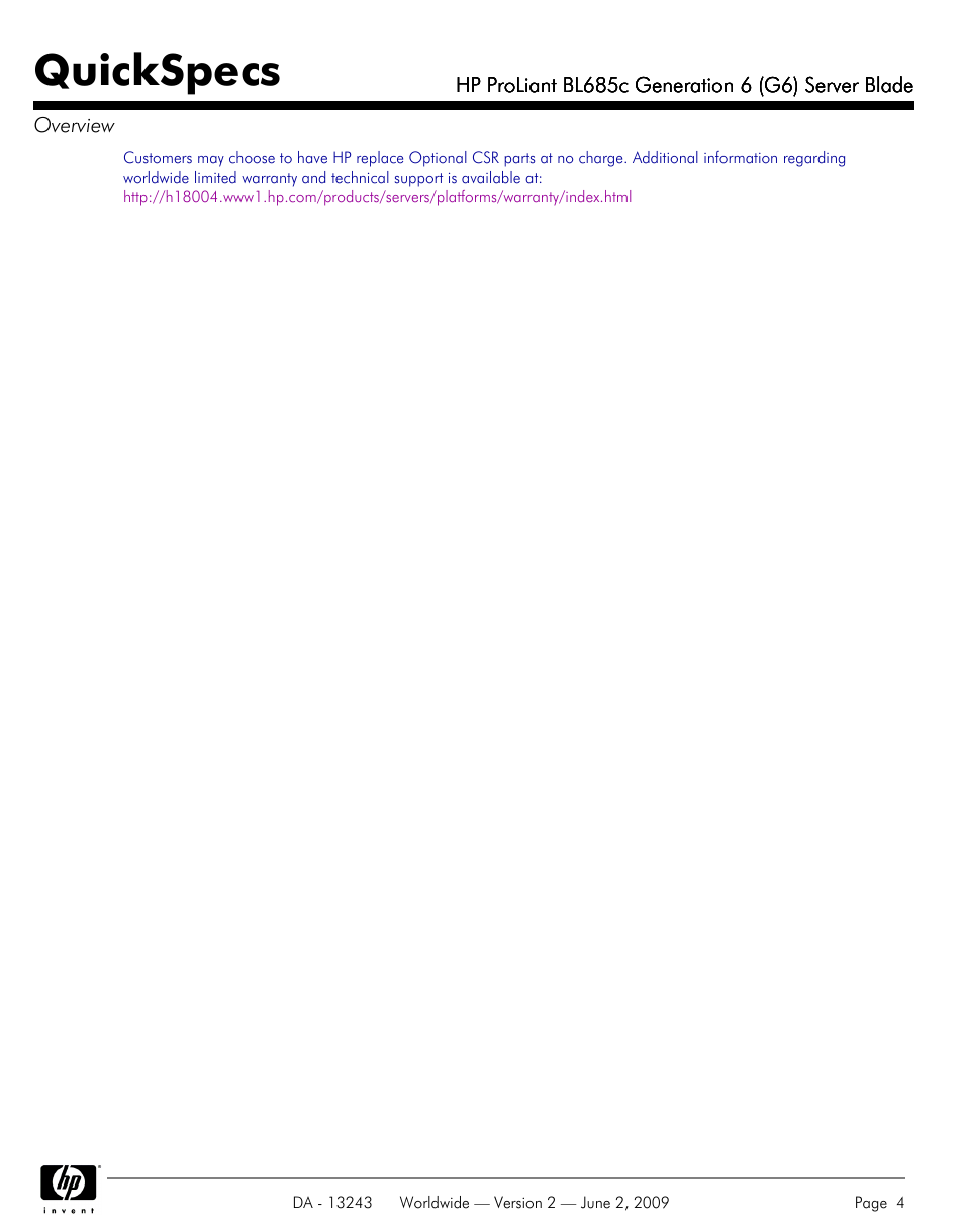 Quickspecs | HP PROLIANT BL685C User Manual | Page 4 / 33