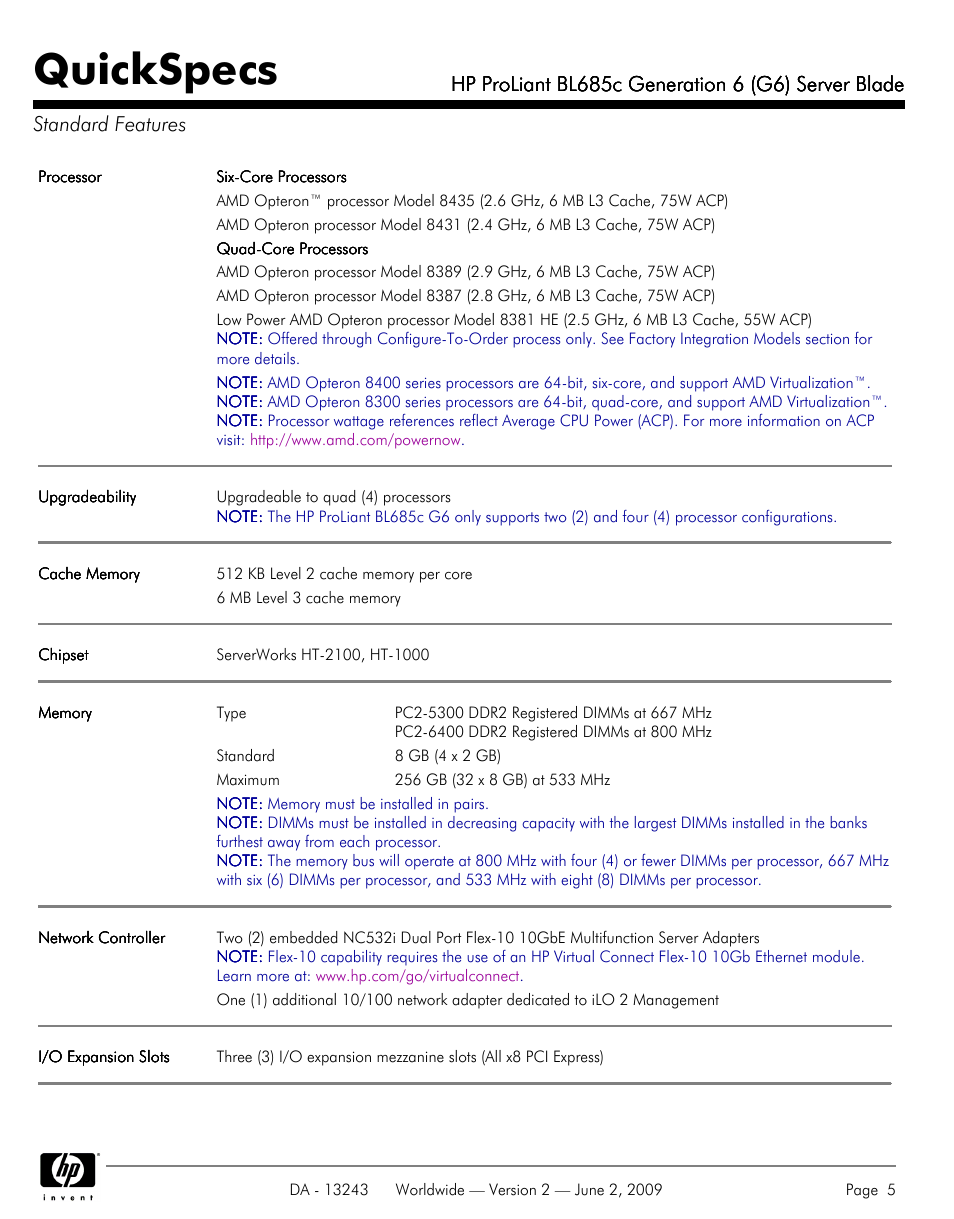 Standard features, Quickspecs | HP PROLIANT BL685C User Manual | Page 5 / 33