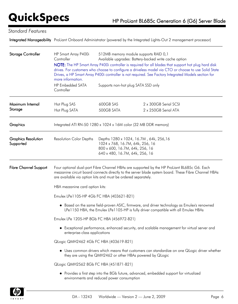 Quickspecs | HP PROLIANT BL685C User Manual | Page 6 / 33