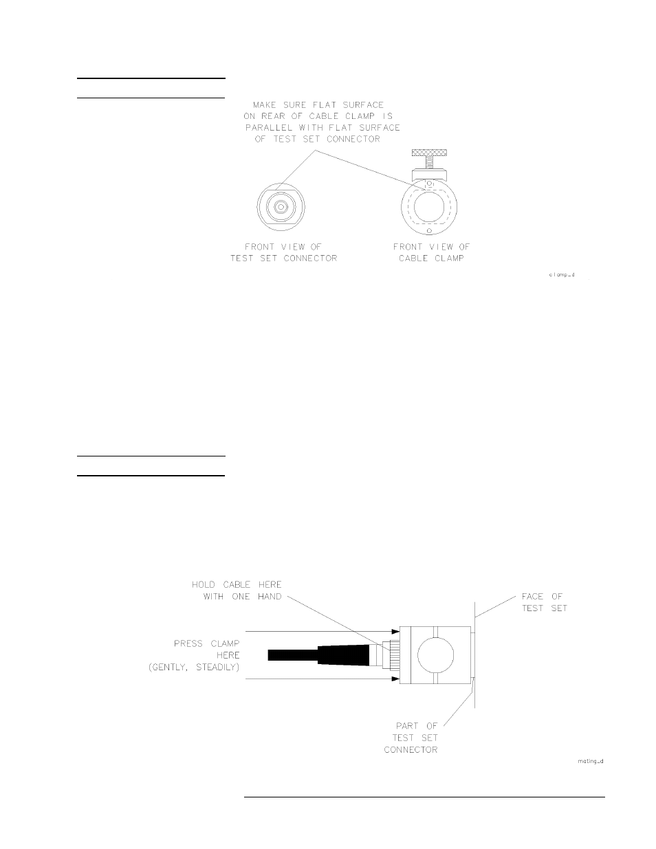 Positioning the connector, Figure 3-6. visually aligning clamp and nut flats, Figure 3-7. mating the clamp and nut flats | HP 8517B User Manual | Page 55 / 136