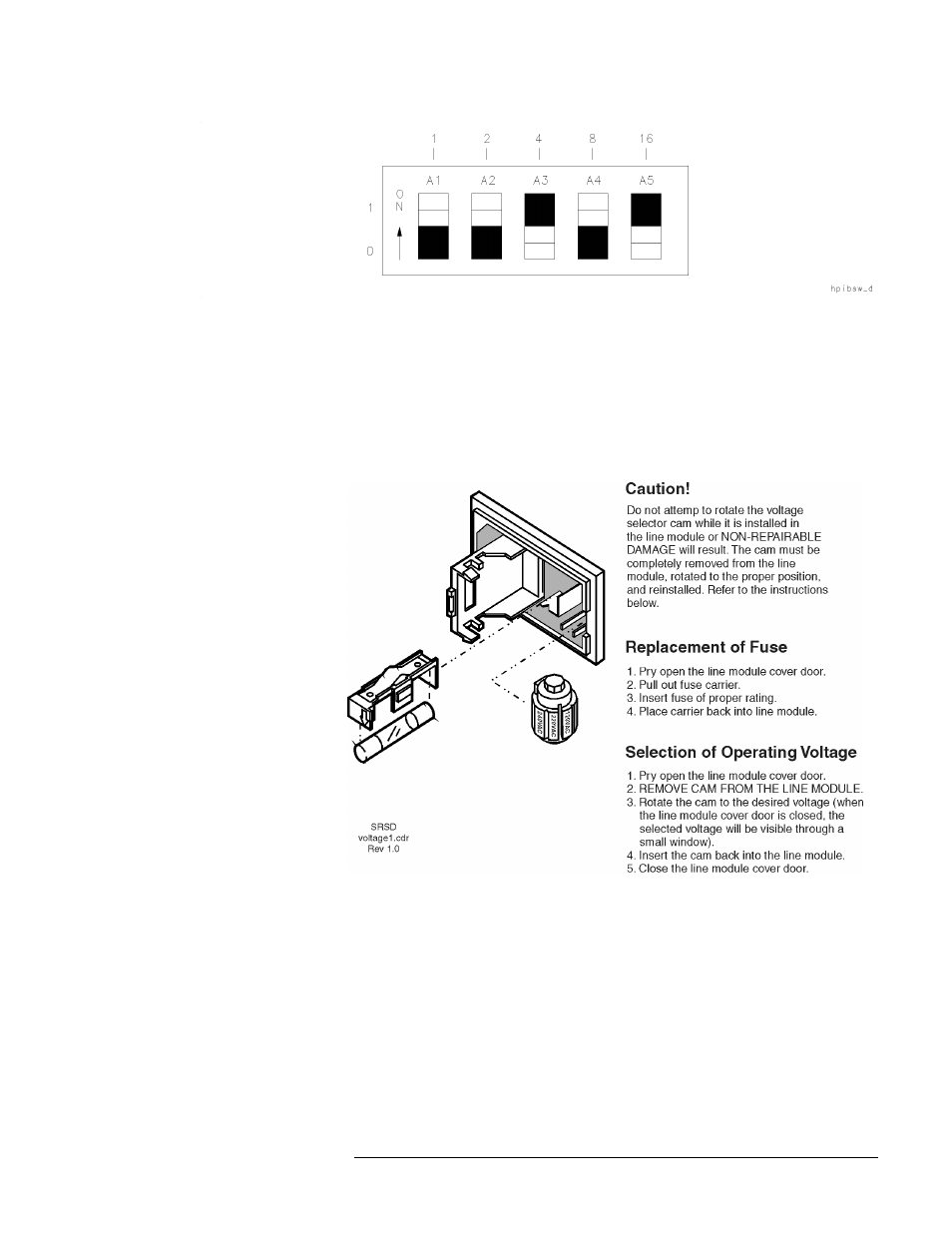 Fuse location, Figure 5-4. instrument hp-ib switch setting, Figure 5-5. fuse and voltage cam location | HP 8517B User Manual | Page 69 / 136