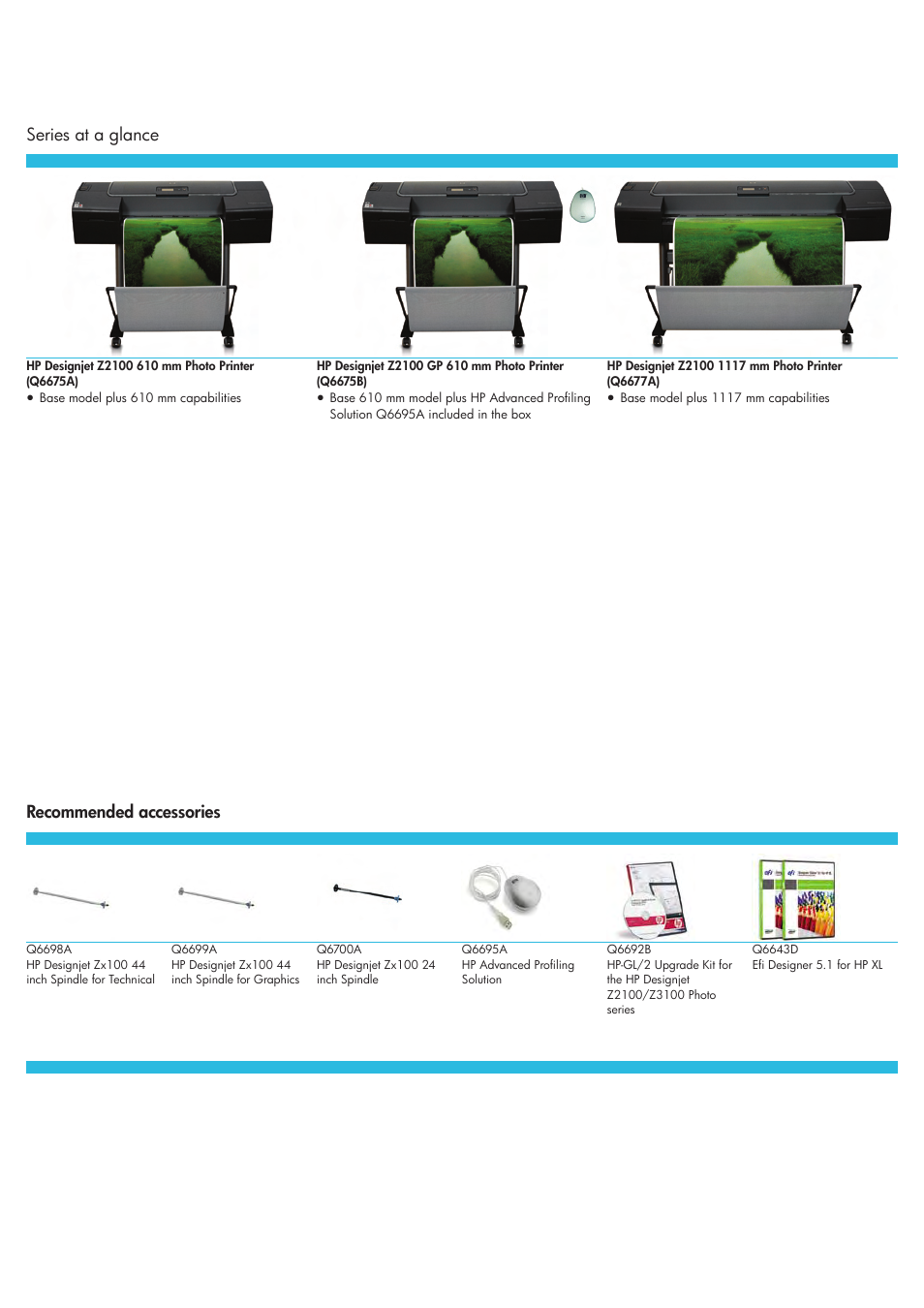 Hp designjet z2100 photo printer series, Series at a glance recommended accessories | HP Designjet Z2100 610 User Manual | Page 2 / 4