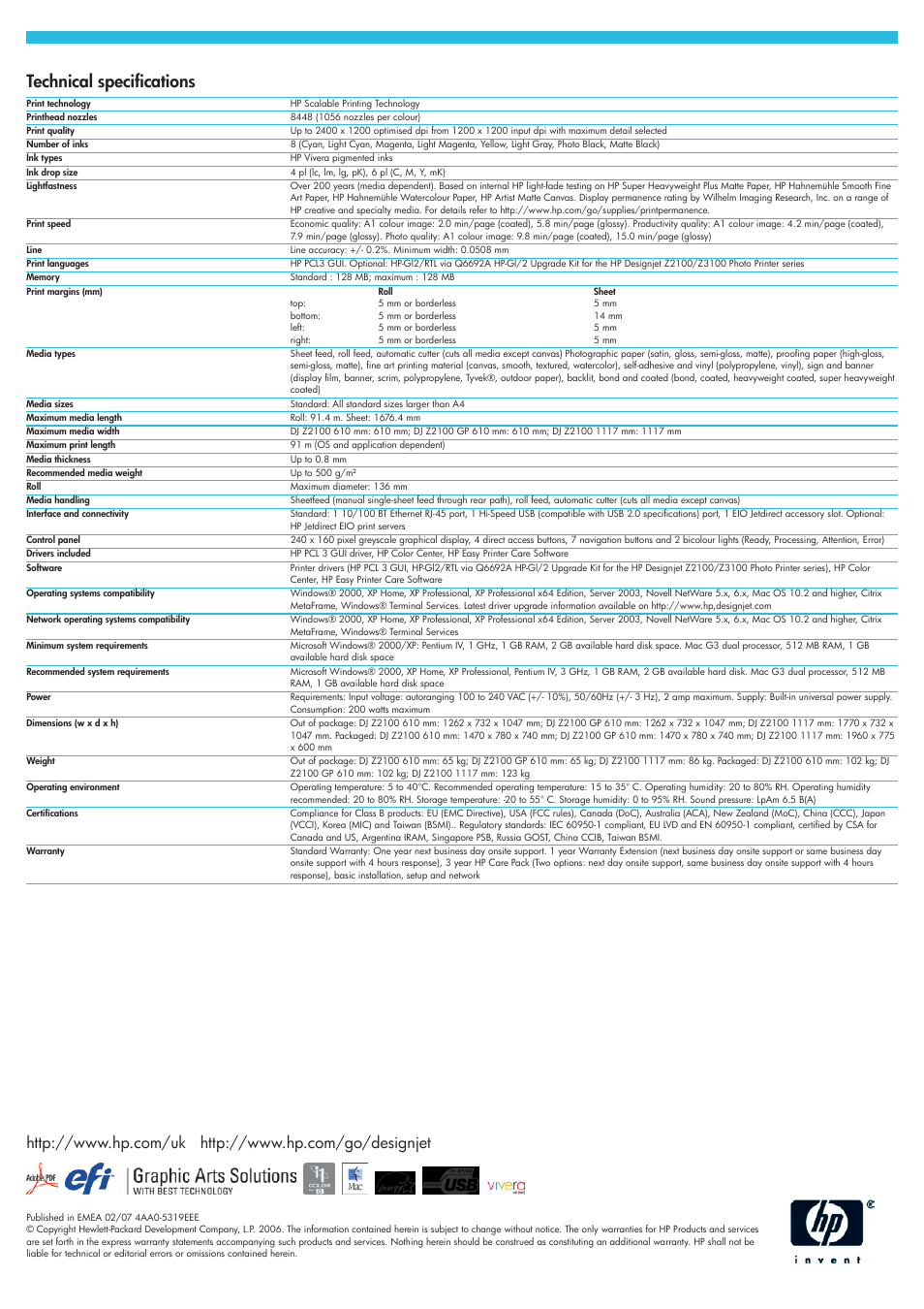 Technical specifications | HP Designjet Z2100 610 User Manual | Page 4 / 4