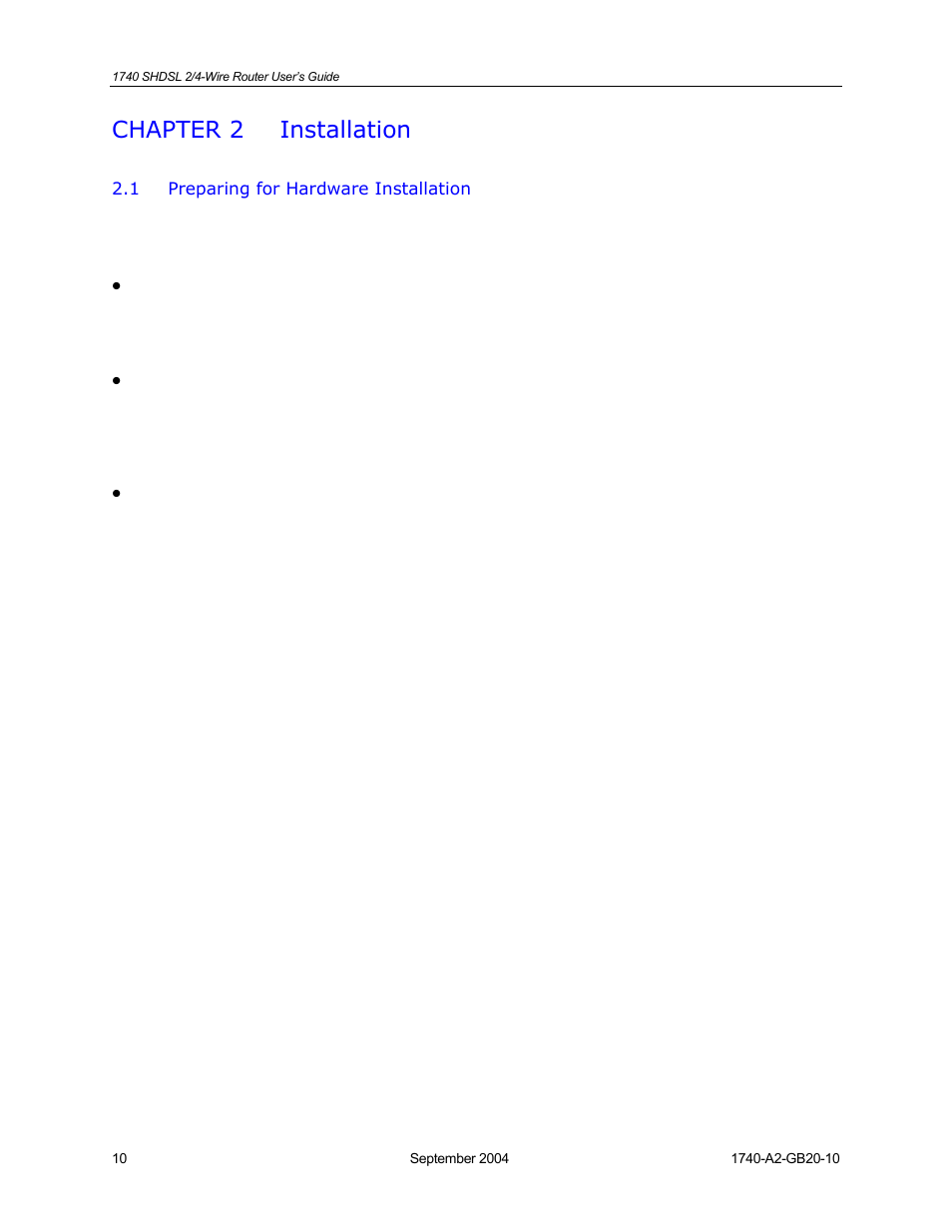 Installation, Preparing for hardware installation, Chapter 2 | HP 1740 SHDSL User Manual | Page 10 / 87