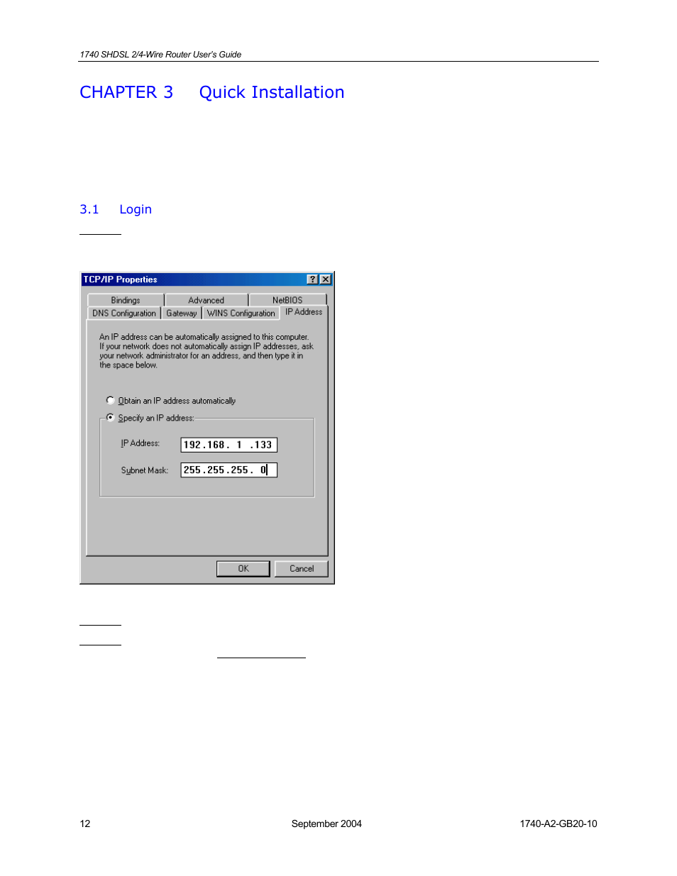 Quick installation, Login, Chapter 3 | HP 1740 SHDSL User Manual | Page 12 / 87