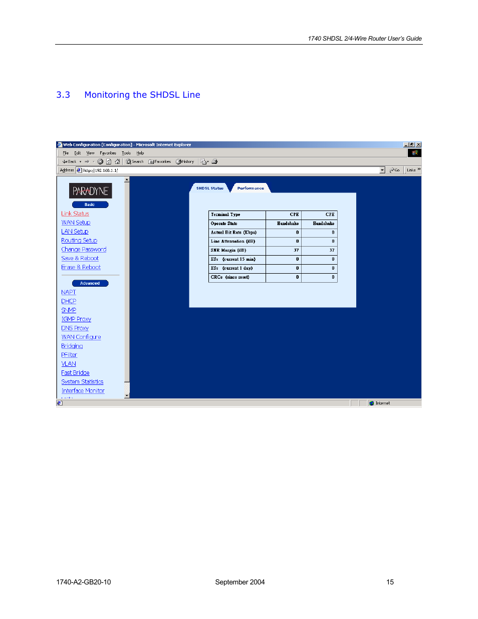 Monitoring the shdsl line | HP 1740 SHDSL User Manual | Page 15 / 87