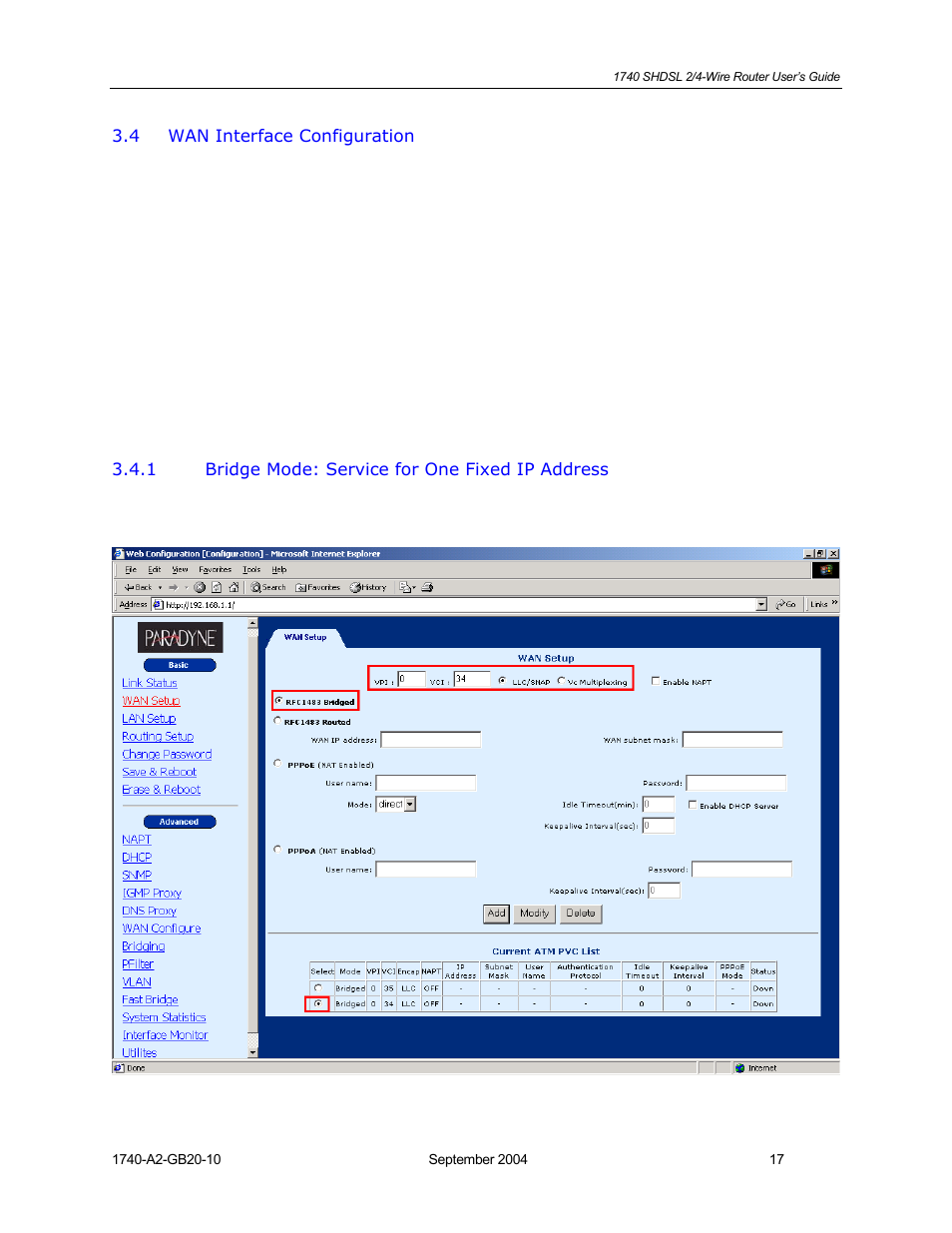 Wan interface configuration, Bridge mode: service for one fixed ip address | HP 1740 SHDSL User Manual | Page 17 / 87