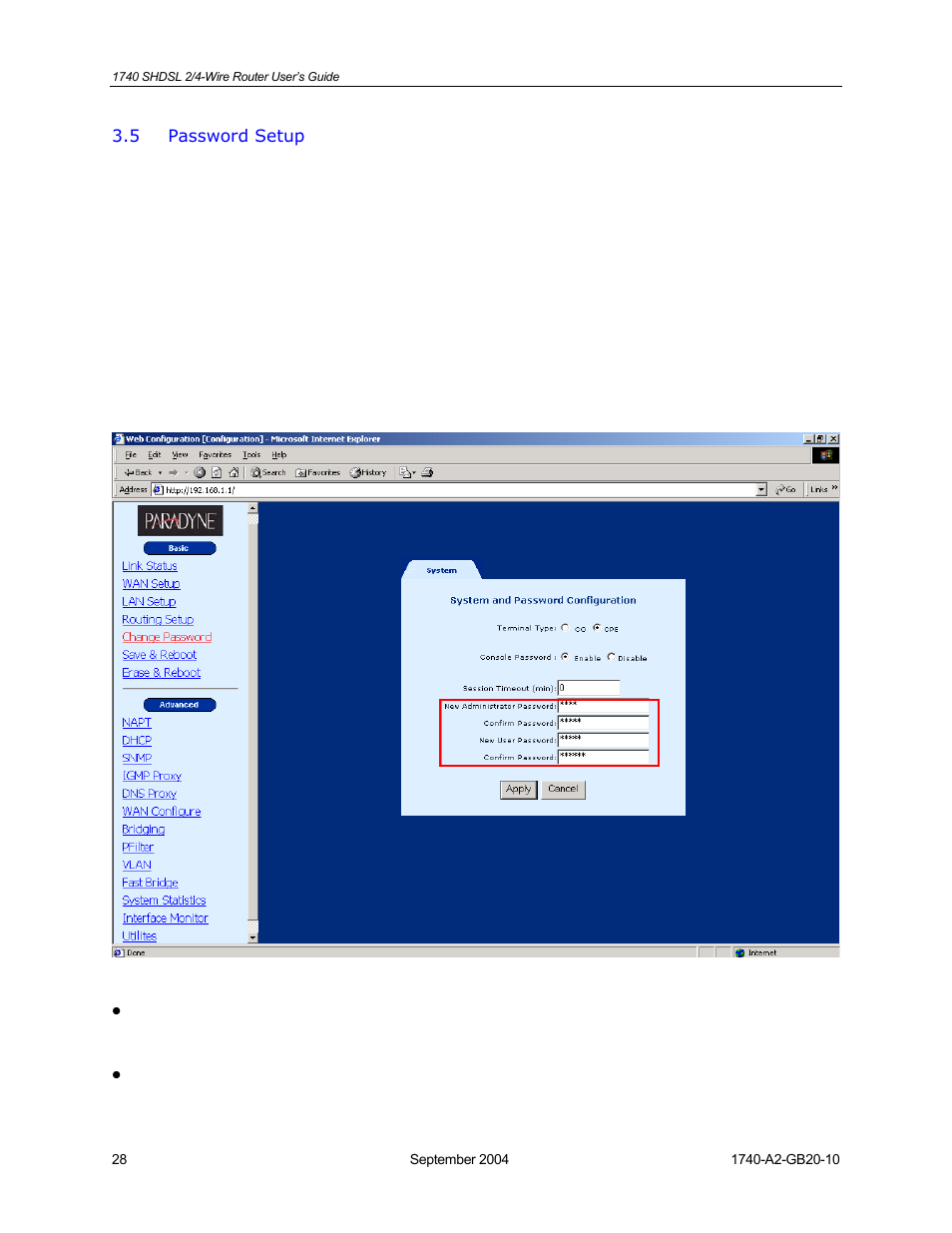 Password setup | HP 1740 SHDSL User Manual | Page 28 / 87