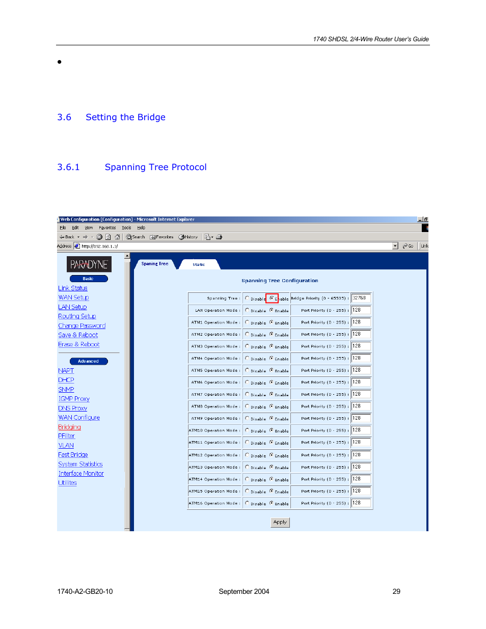 Setting the bridge, Spanning tree protocol | HP 1740 SHDSL User Manual | Page 29 / 87