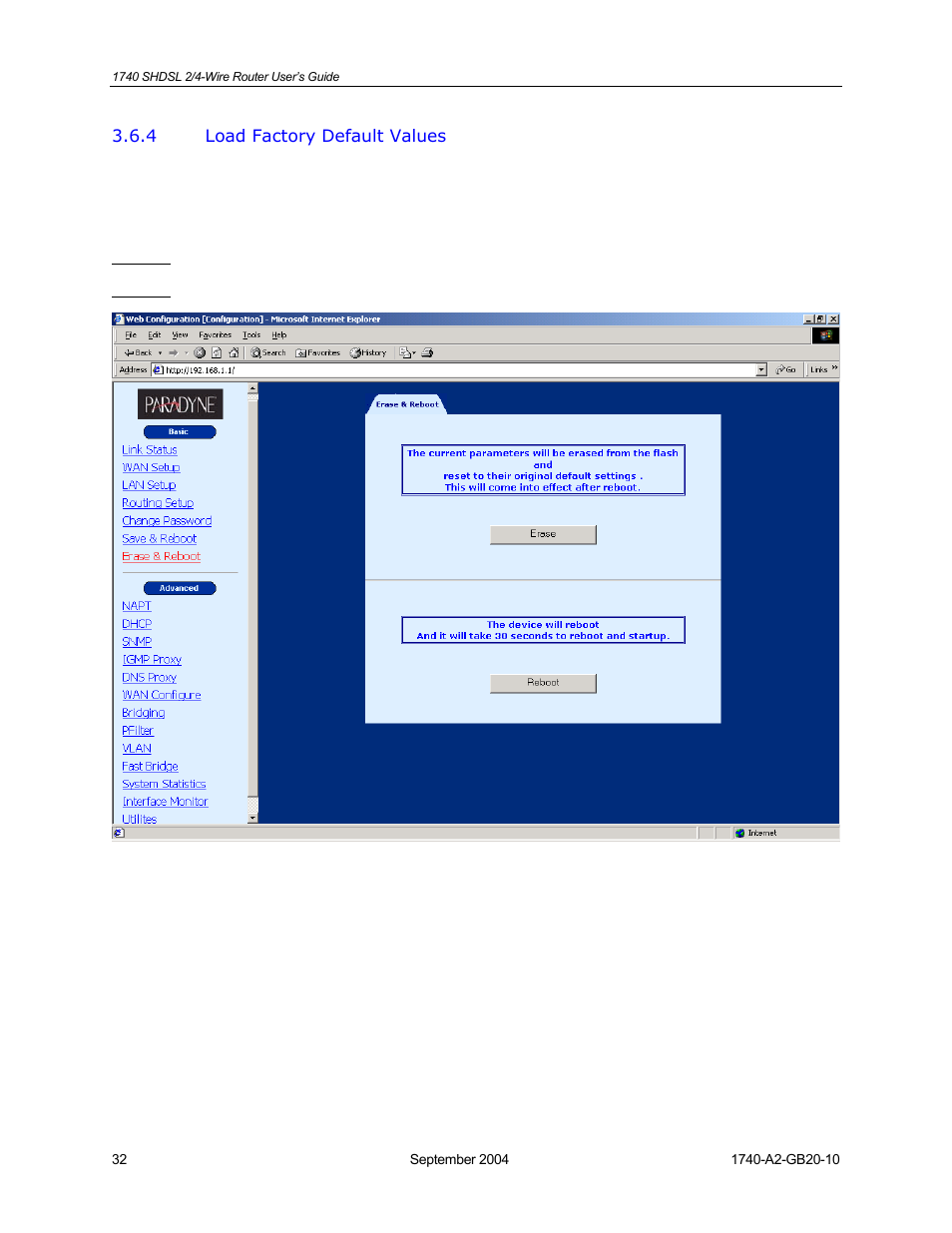 Load factory default values | HP 1740 SHDSL User Manual | Page 32 / 87