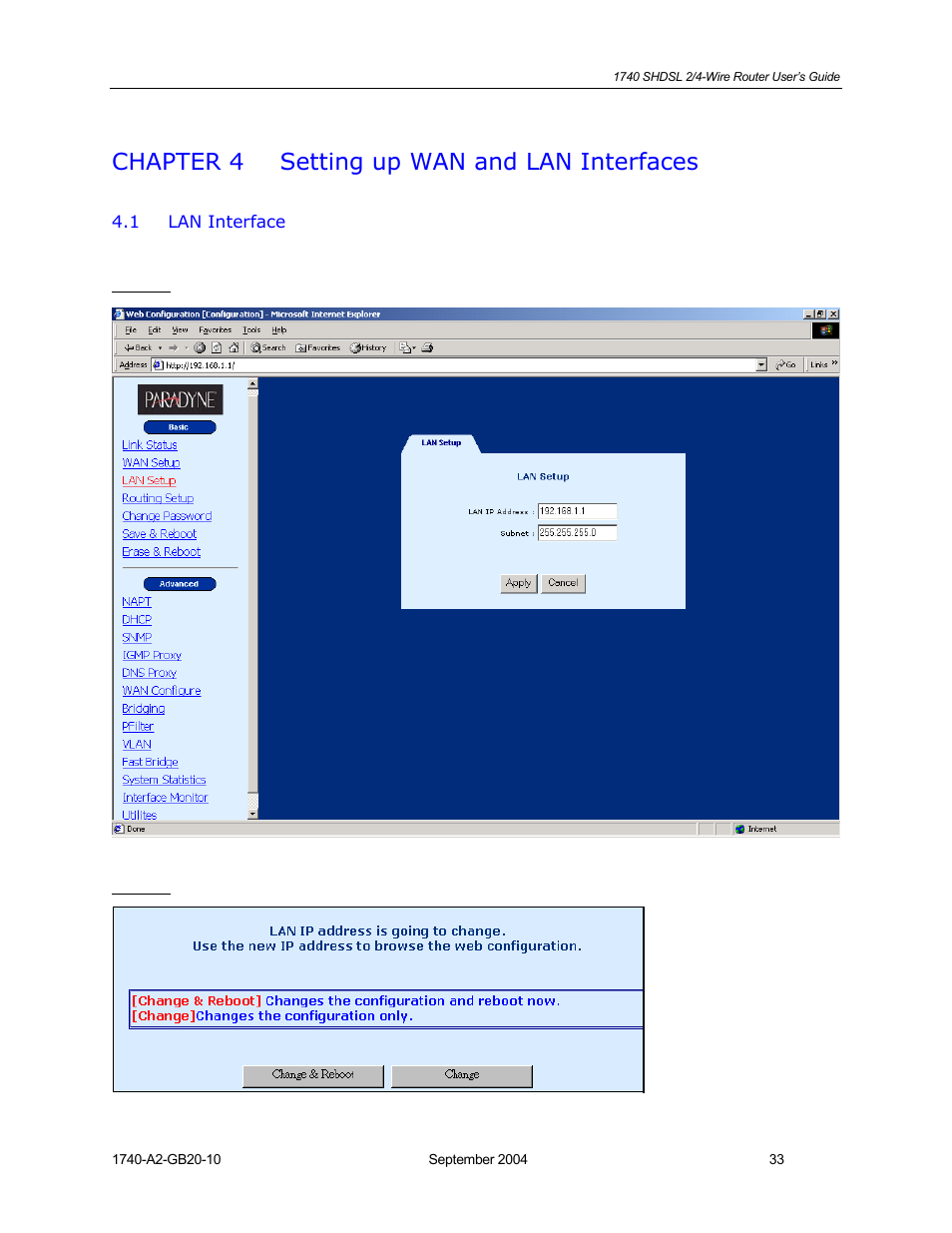 Setting up wan and lan interfaces, Lan interface, Chapter 4 | HP 1740 SHDSL User Manual | Page 33 / 87