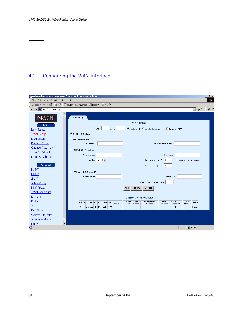Configuring the wan interface | HP 1740 SHDSL User Manual | Page 34 / 87