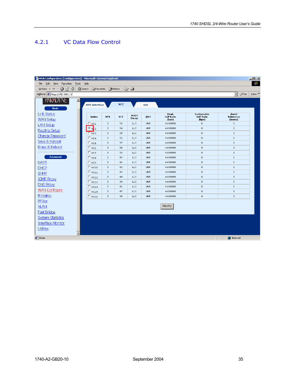 Vc data flow control | HP 1740 SHDSL User Manual | Page 35 / 87