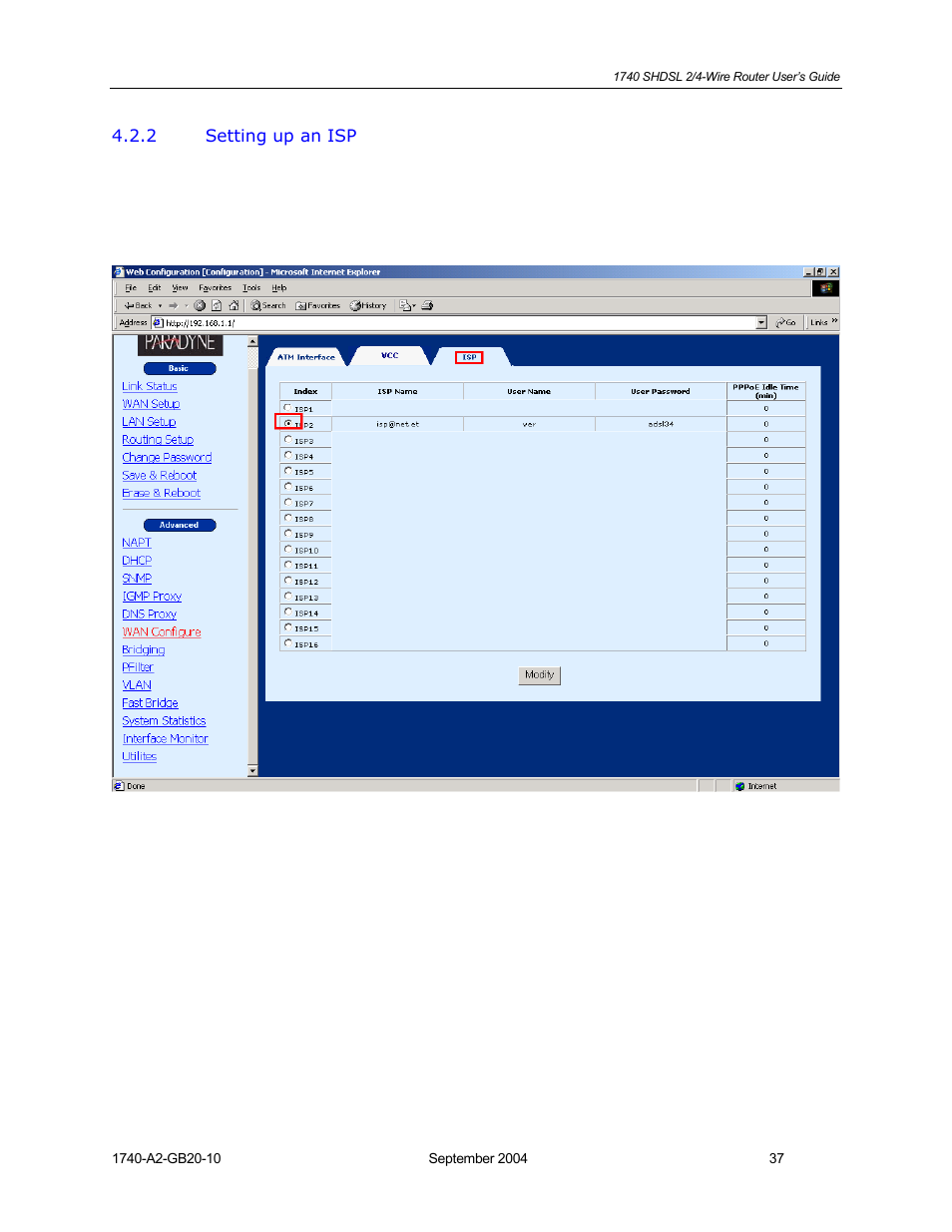 Setting up an isp | HP 1740 SHDSL User Manual | Page 37 / 87