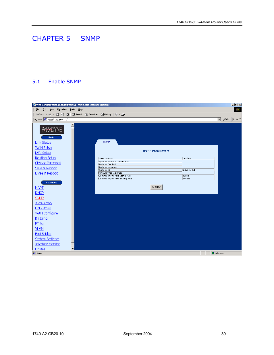 Snmp, Enable snmp, Chapter 5 | HP 1740 SHDSL User Manual | Page 39 / 87