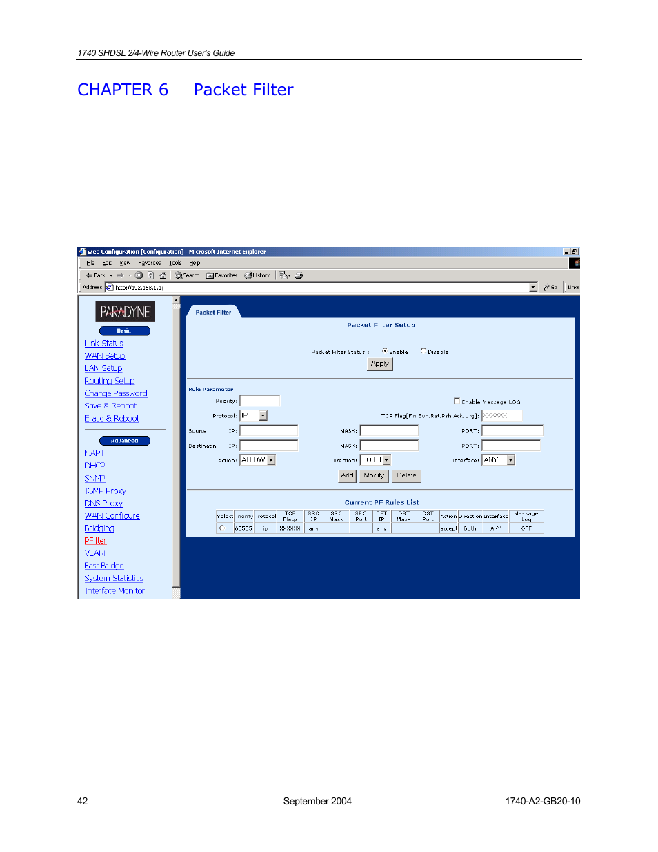 Packet filter, Chapter 6, Chapter 6 packet filter | HP 1740 SHDSL User Manual | Page 42 / 87
