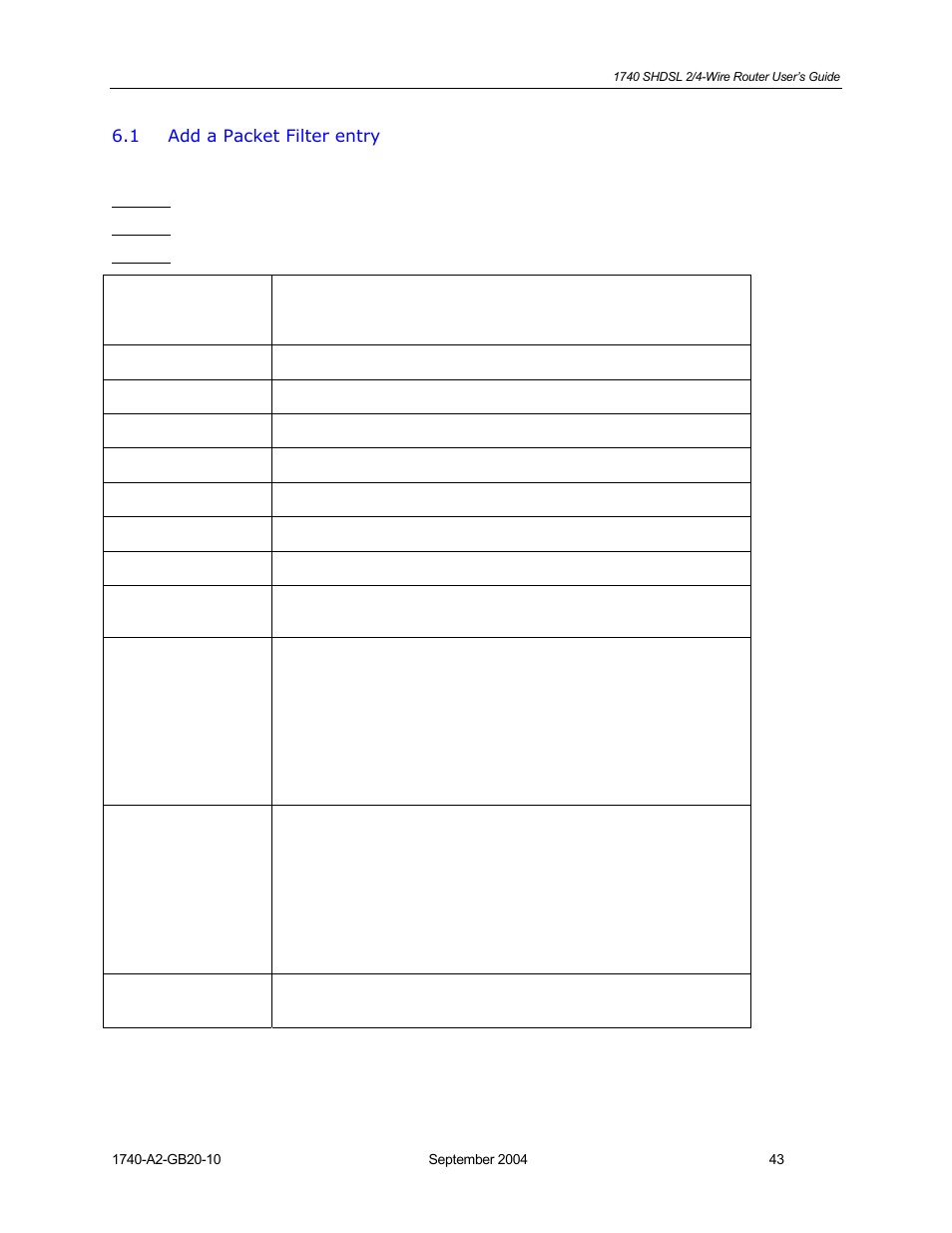Add a packet filter entry | HP 1740 SHDSL User Manual | Page 43 / 87