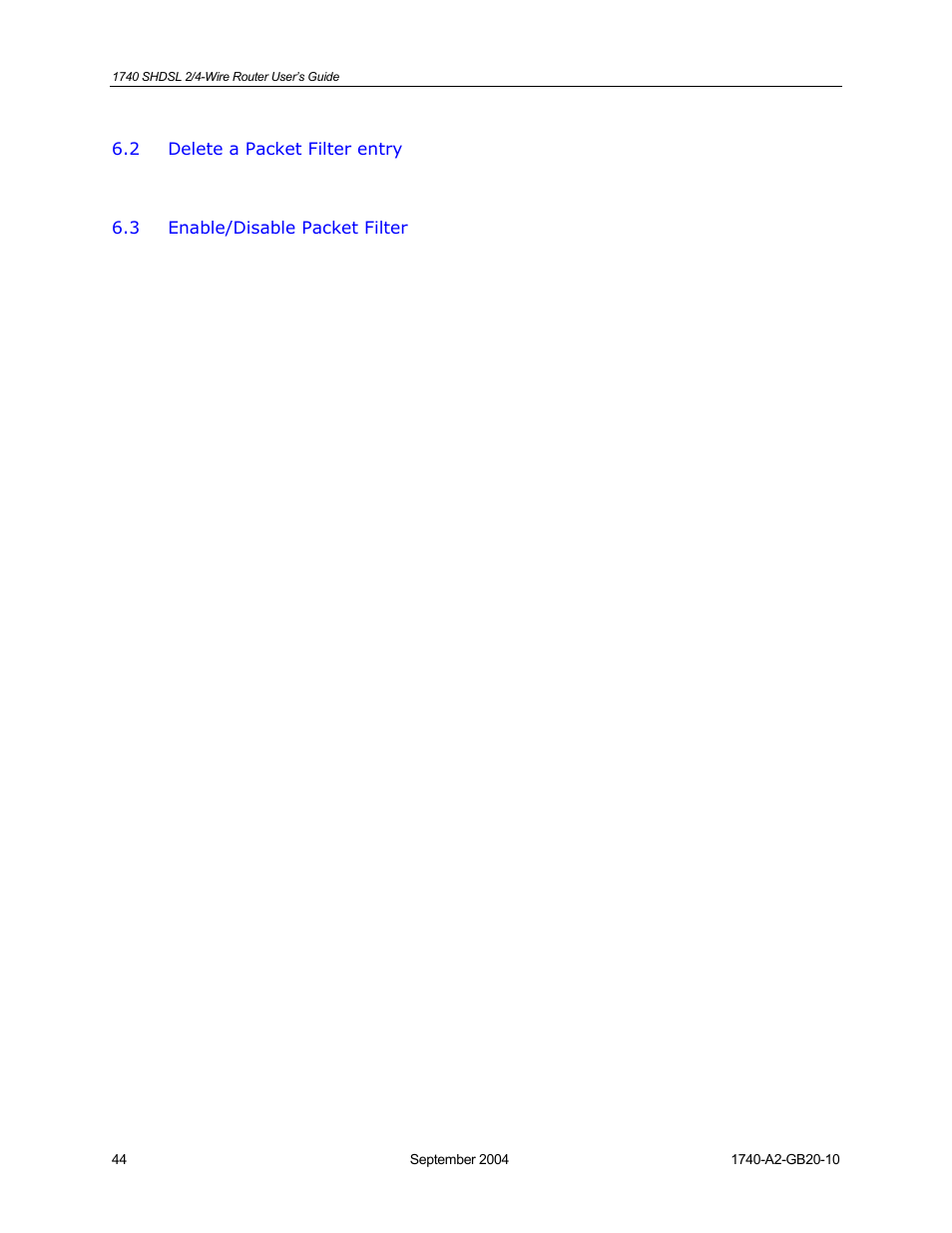 Delete a packet filter entry, Enable/disable packet filter | HP 1740 SHDSL User Manual | Page 44 / 87