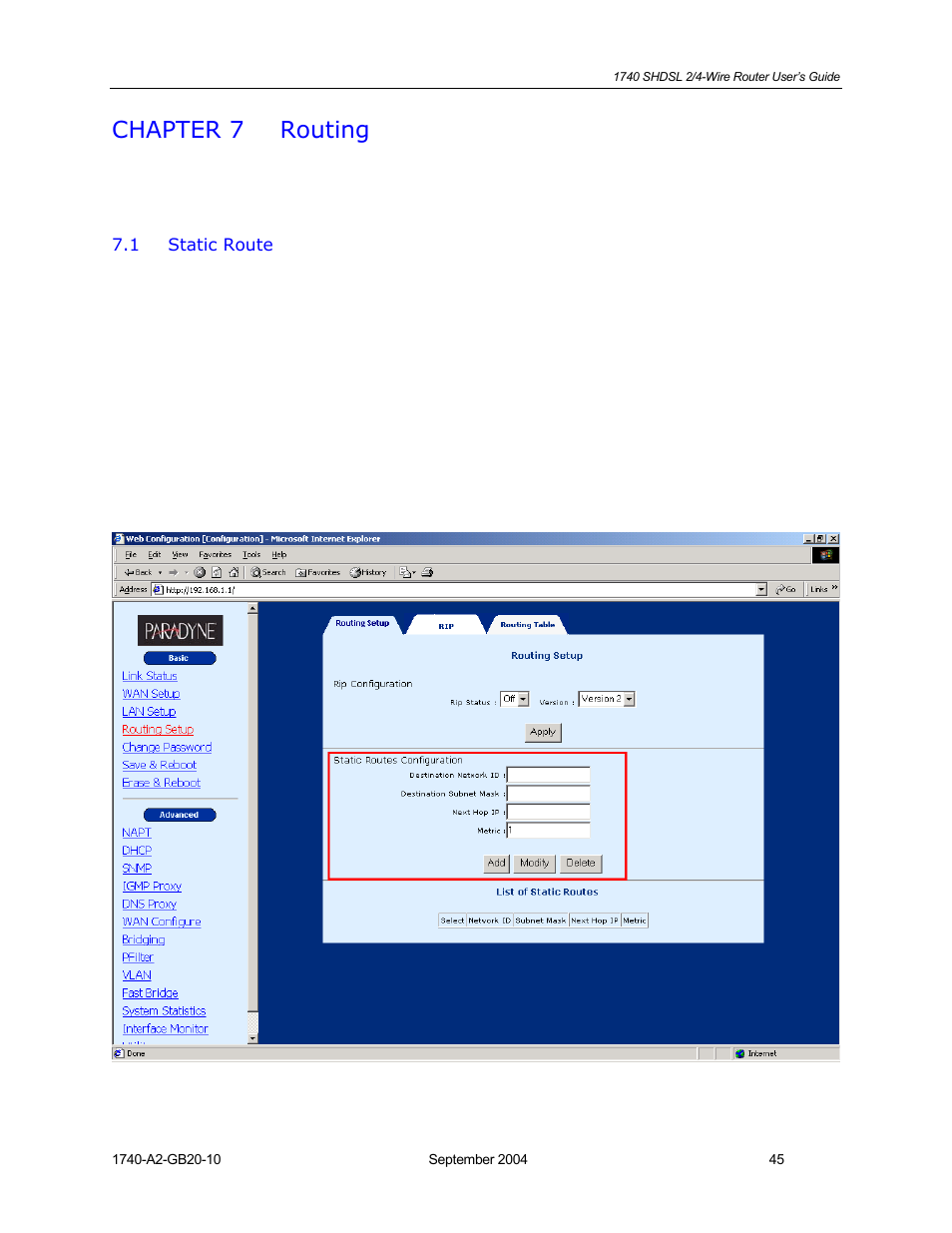 Routing, Static route, Chapter 7 | HP 1740 SHDSL User Manual | Page 45 / 87