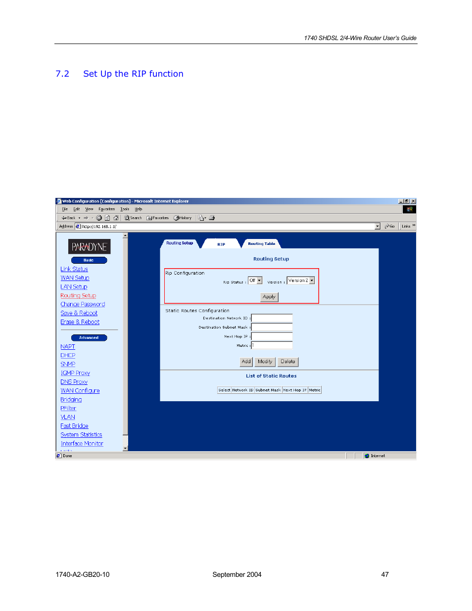 Set up the rip function | HP 1740 SHDSL User Manual | Page 47 / 87
