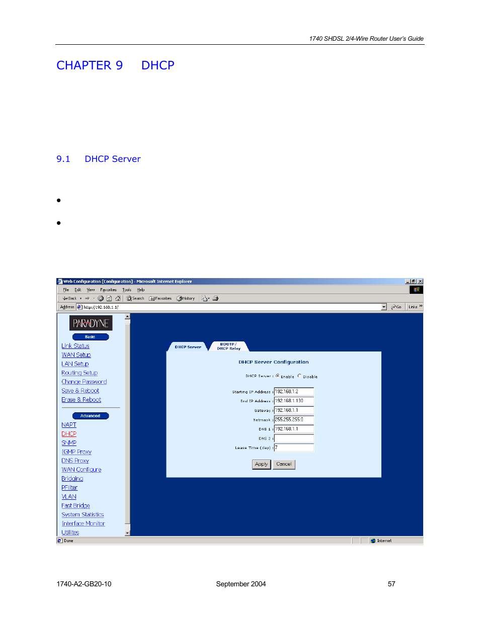 Dhcp, Dhcp server, Chapter 9 | HP 1740 SHDSL User Manual | Page 57 / 87