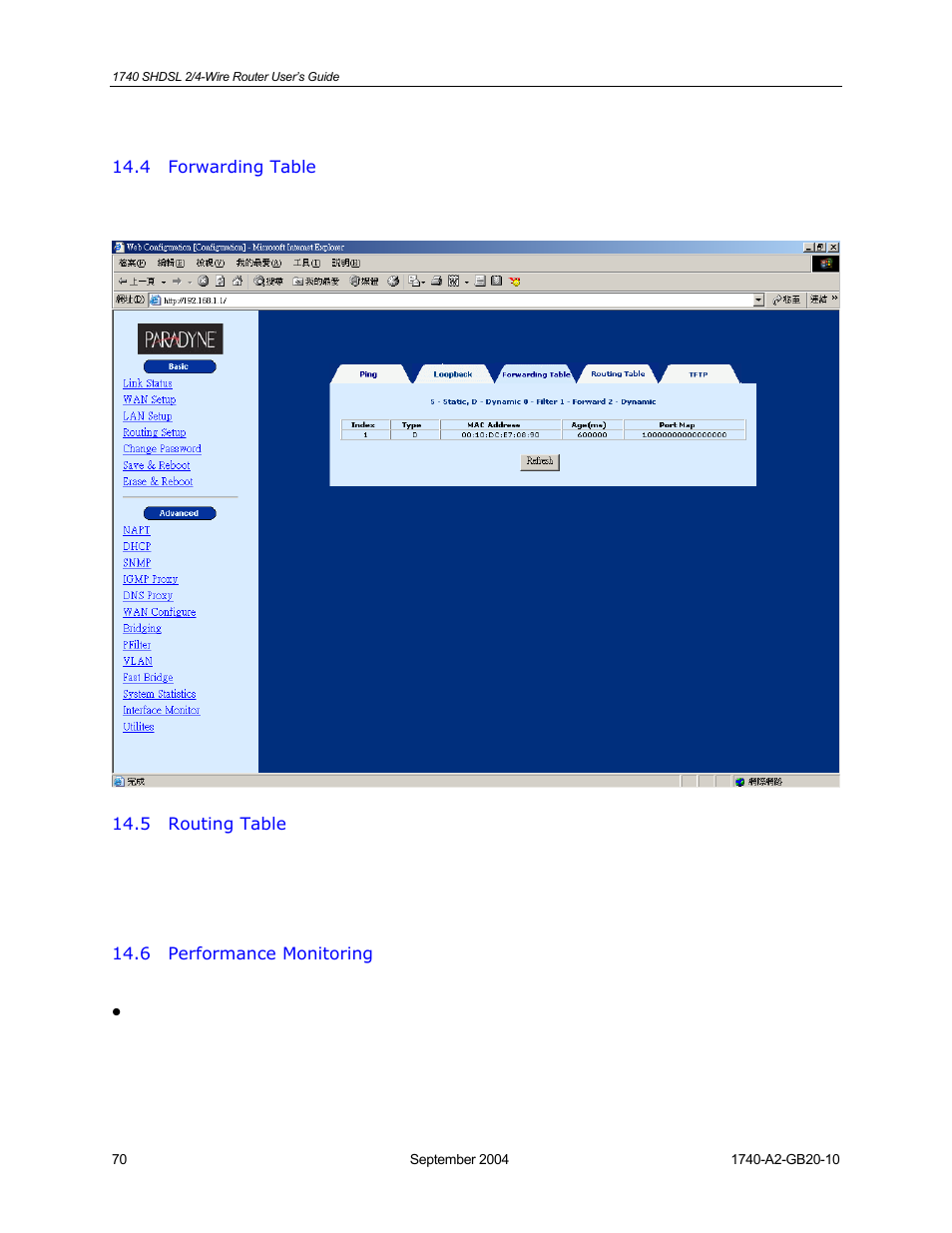 Forwarding table, Routing table, Performance monitoring | HP 1740 SHDSL User Manual | Page 70 / 87