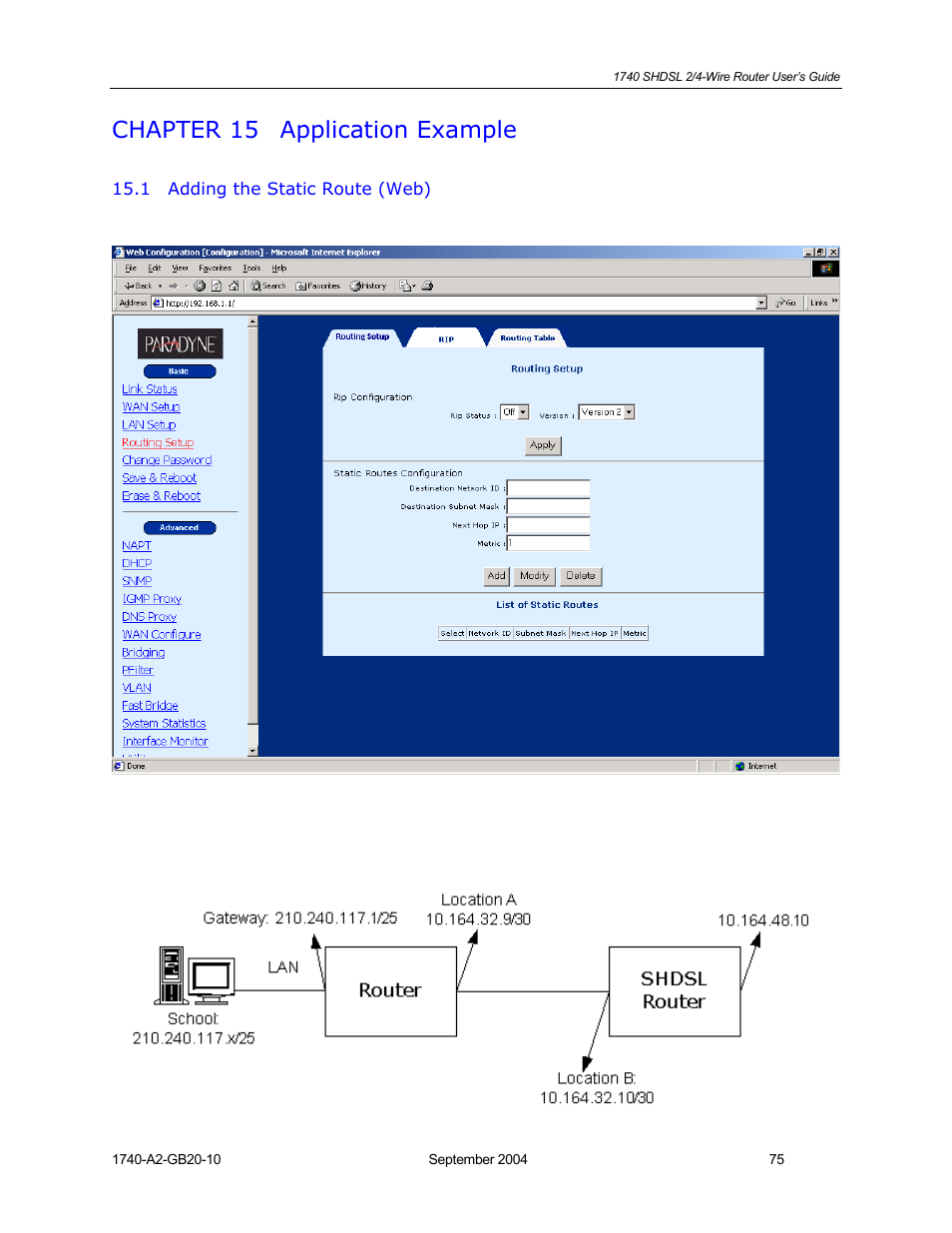 Application example, Adding the static route (web), Chapter 15 | HP 1740 SHDSL User Manual | Page 75 / 87