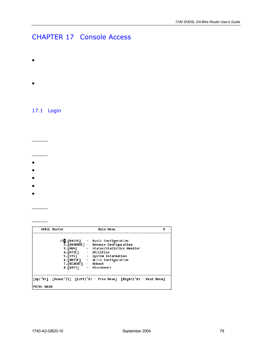 Console access, Login, Chapter 17 | HP 1740 SHDSL User Manual | Page 79 / 87