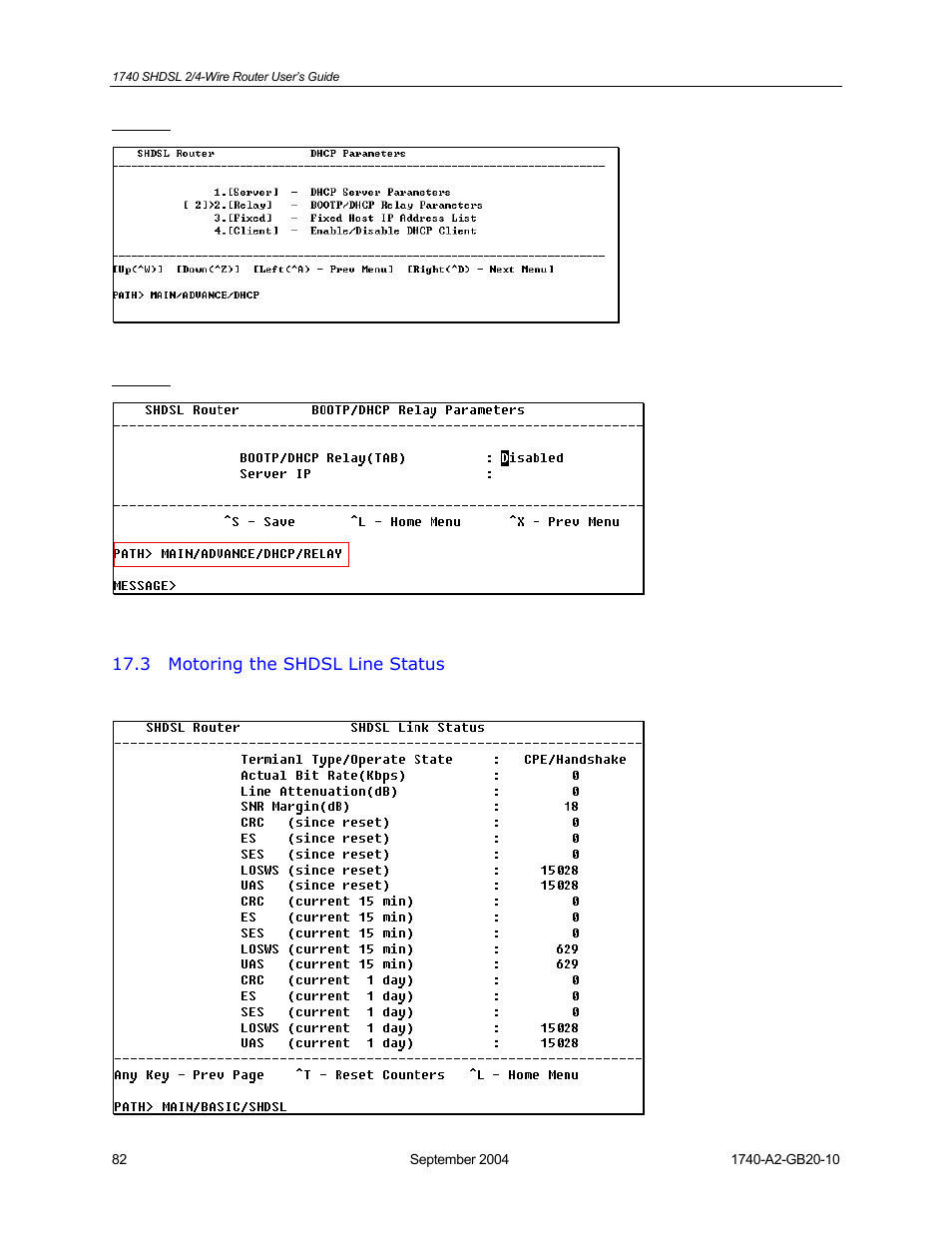 Motoring the shdsl line status | HP 1740 SHDSL User Manual | Page 82 / 87