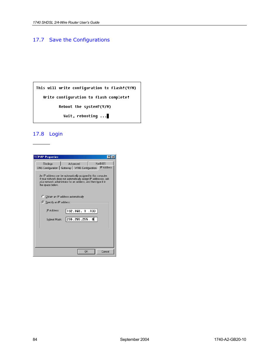Save the configurations, Login | HP 1740 SHDSL User Manual | Page 84 / 87