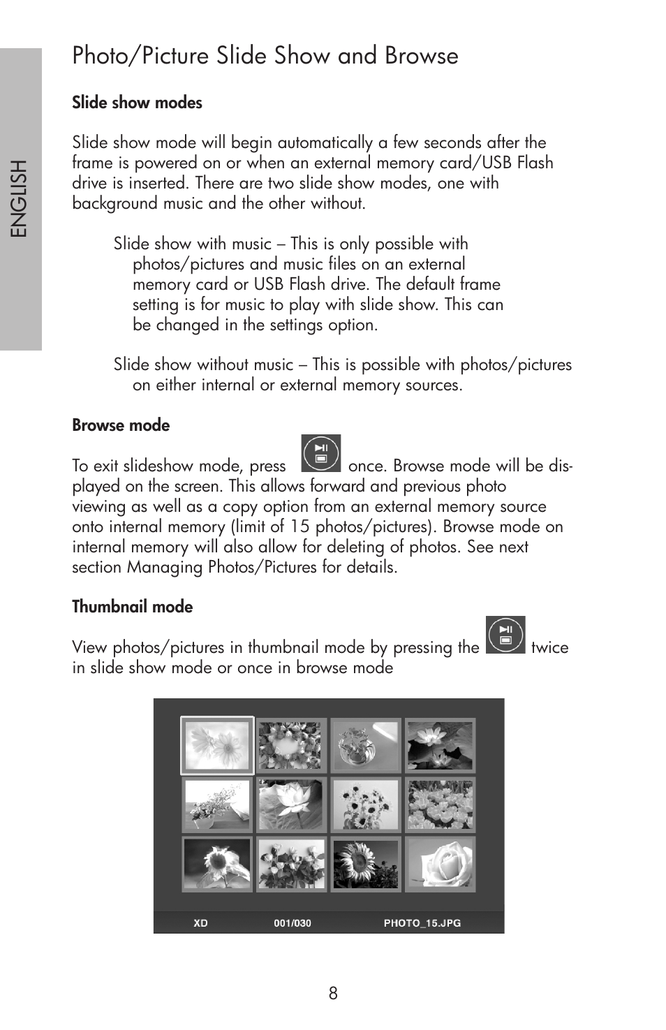 Photo/picture slide show and browse, Engli sh | HP df750 Series User Manual | Page 10 / 46