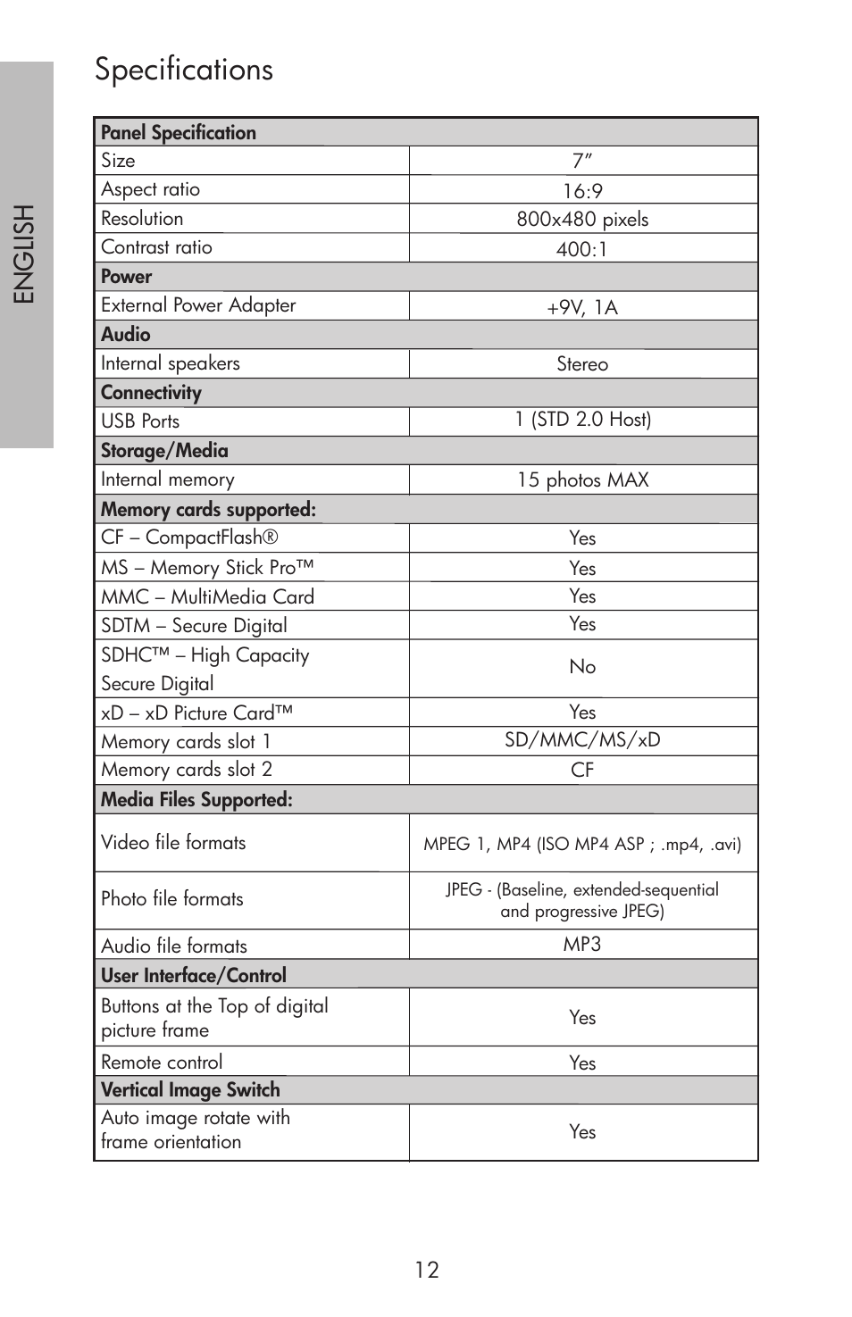 Specifications, Engli sh | HP df750 Series User Manual | Page 14 / 46