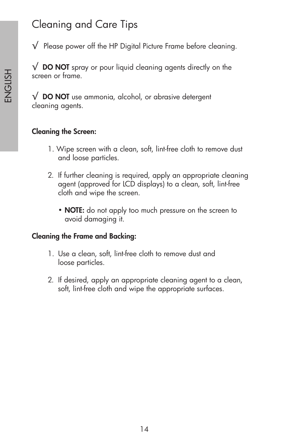 Cleaning and care tips | HP df750 Series User Manual | Page 16 / 46