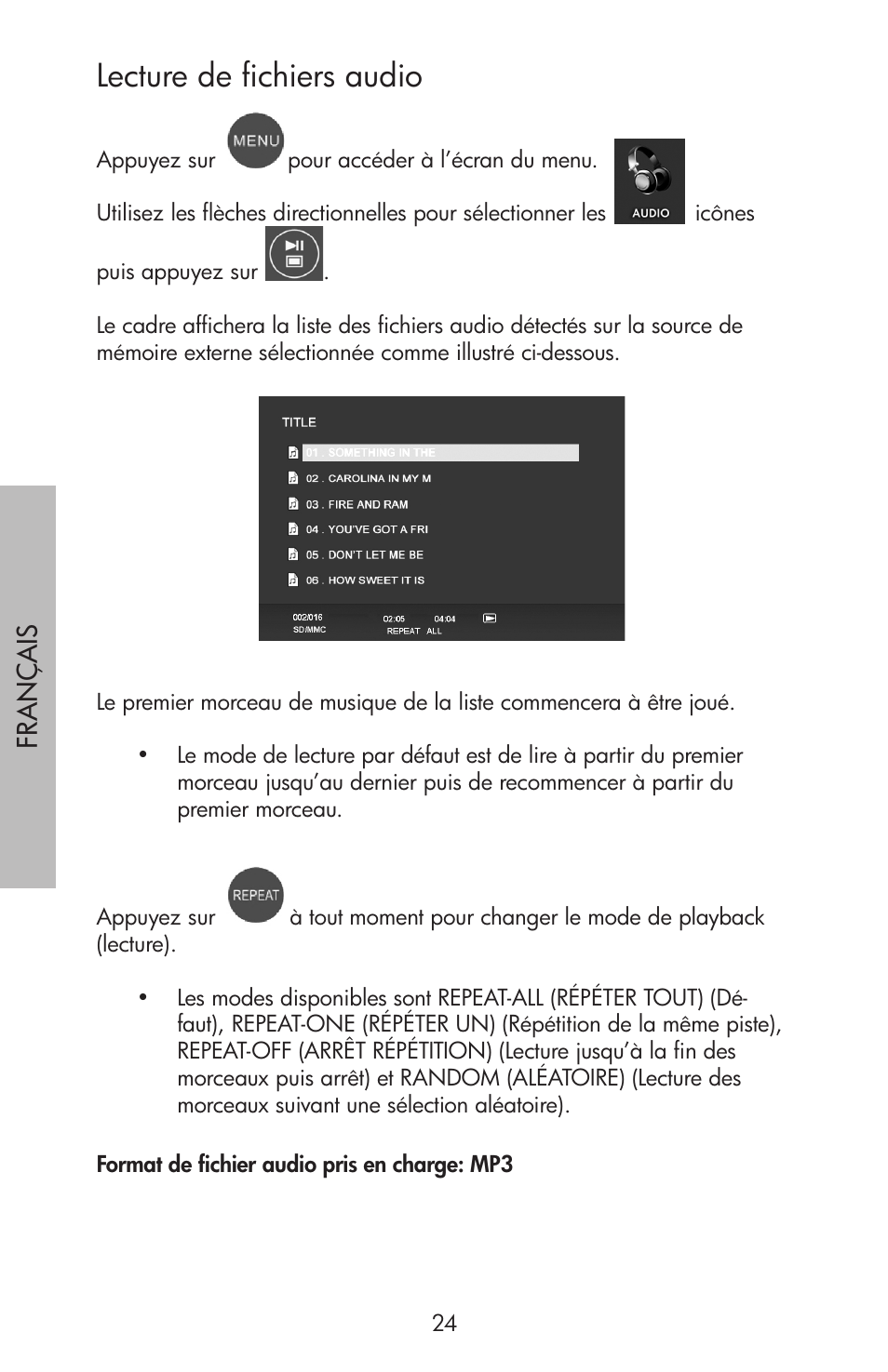 Lecture de fichiers audio | HP df750 Series User Manual | Page 26 / 46