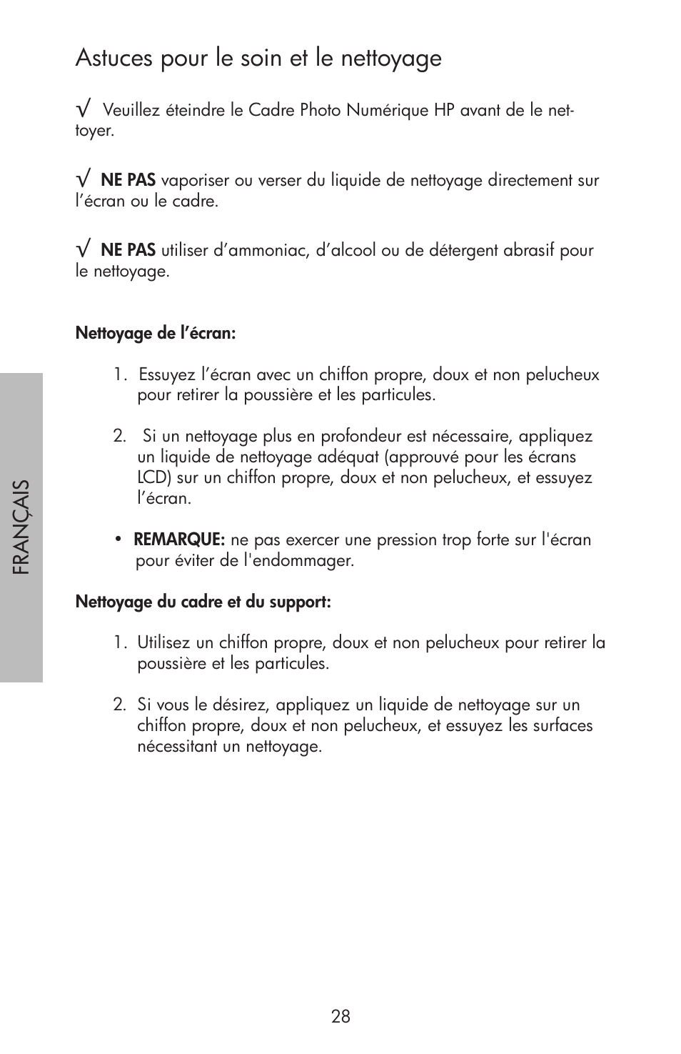 Astuces pour le soin et le nettoyage | HP df750 Series User Manual | Page 30 / 46