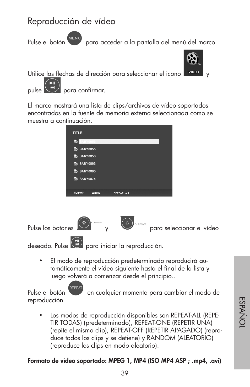 Reproducción de vídeo, Esp añol | HP df750 Series User Manual | Page 41 / 46