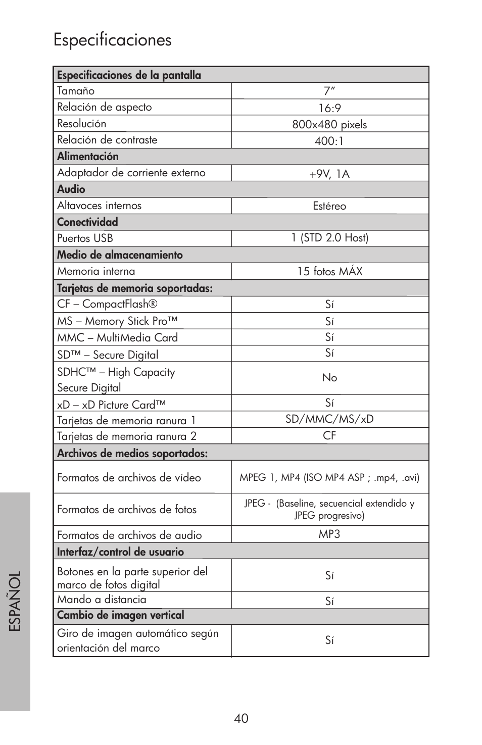 Especificaciones, Esp añol | HP df750 Series User Manual | Page 42 / 46