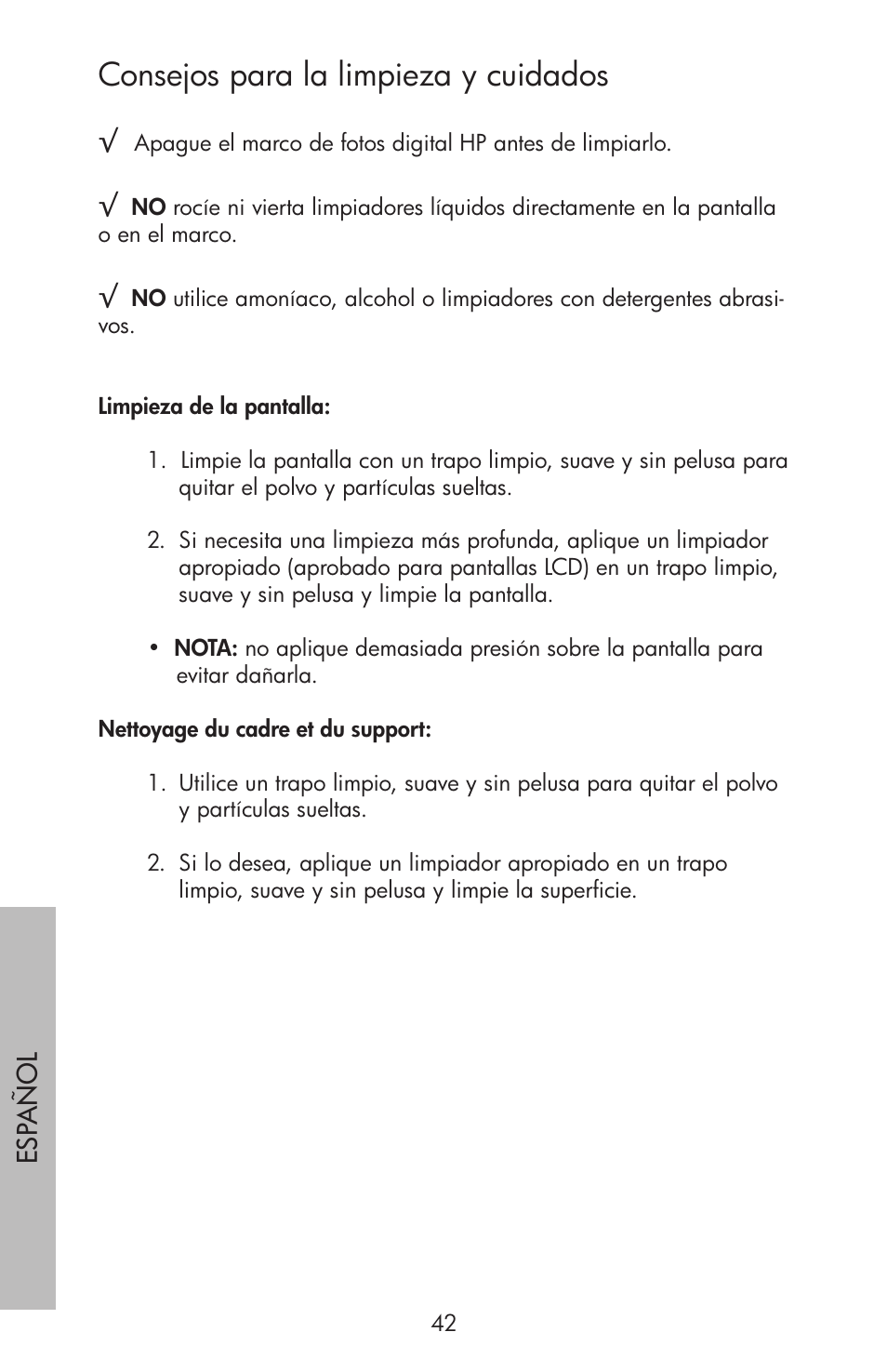 Consejos para la limpieza y cuidados | HP df750 Series User Manual | Page 44 / 46