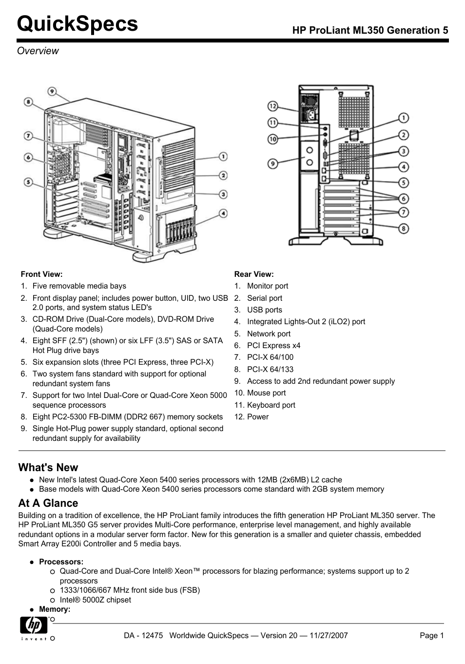 HP Hewlett-Packard ProLiant Generation 5 Computer ML350 User Manual | 44 pages