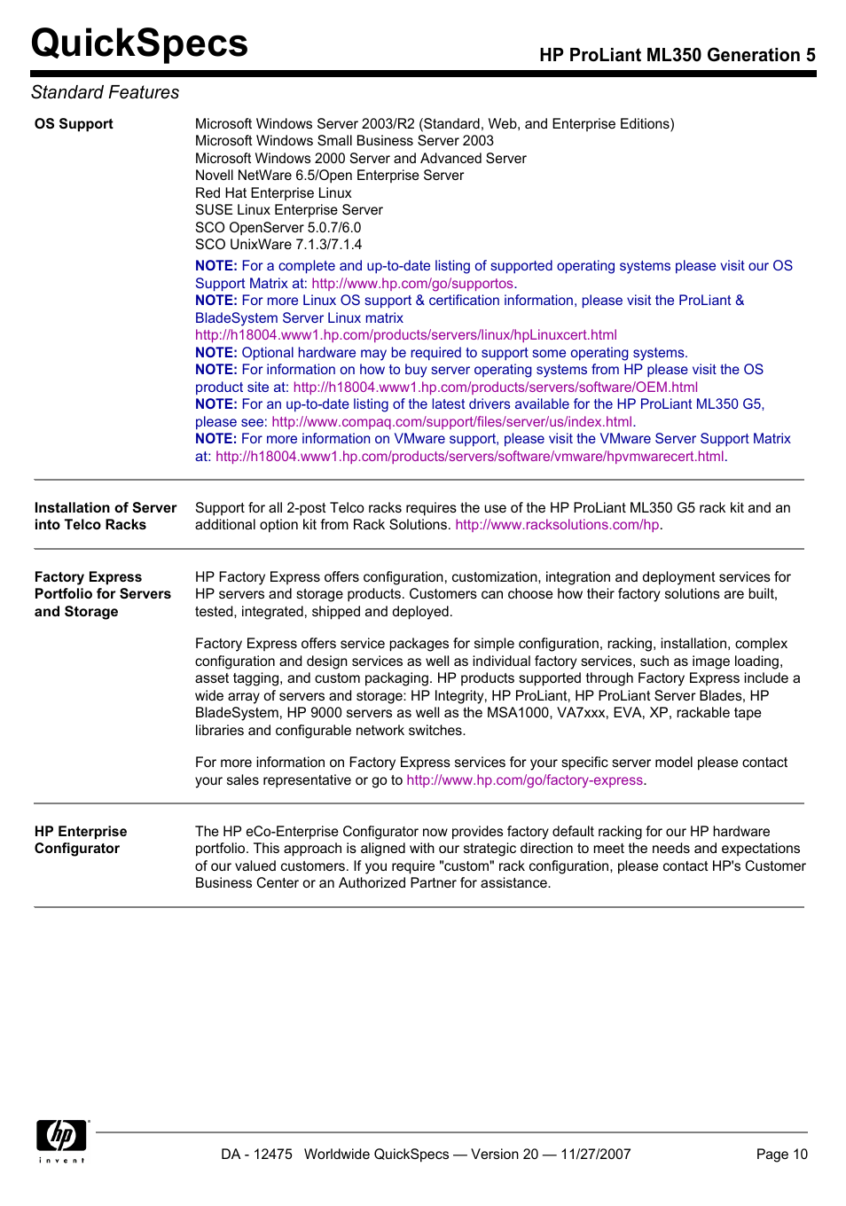 Quickspecs, Hp proliant ml350 generation 5 standard features | HP Hewlett-Packard ProLiant Generation 5 Computer ML350 User Manual | Page 10 / 44