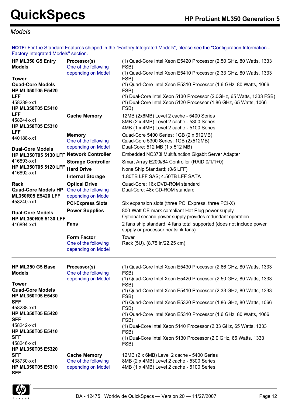 Models, Quickspecs, Hp proliant ml350 generation 5 models | HP Hewlett-Packard ProLiant Generation 5 Computer ML350 User Manual | Page 12 / 44