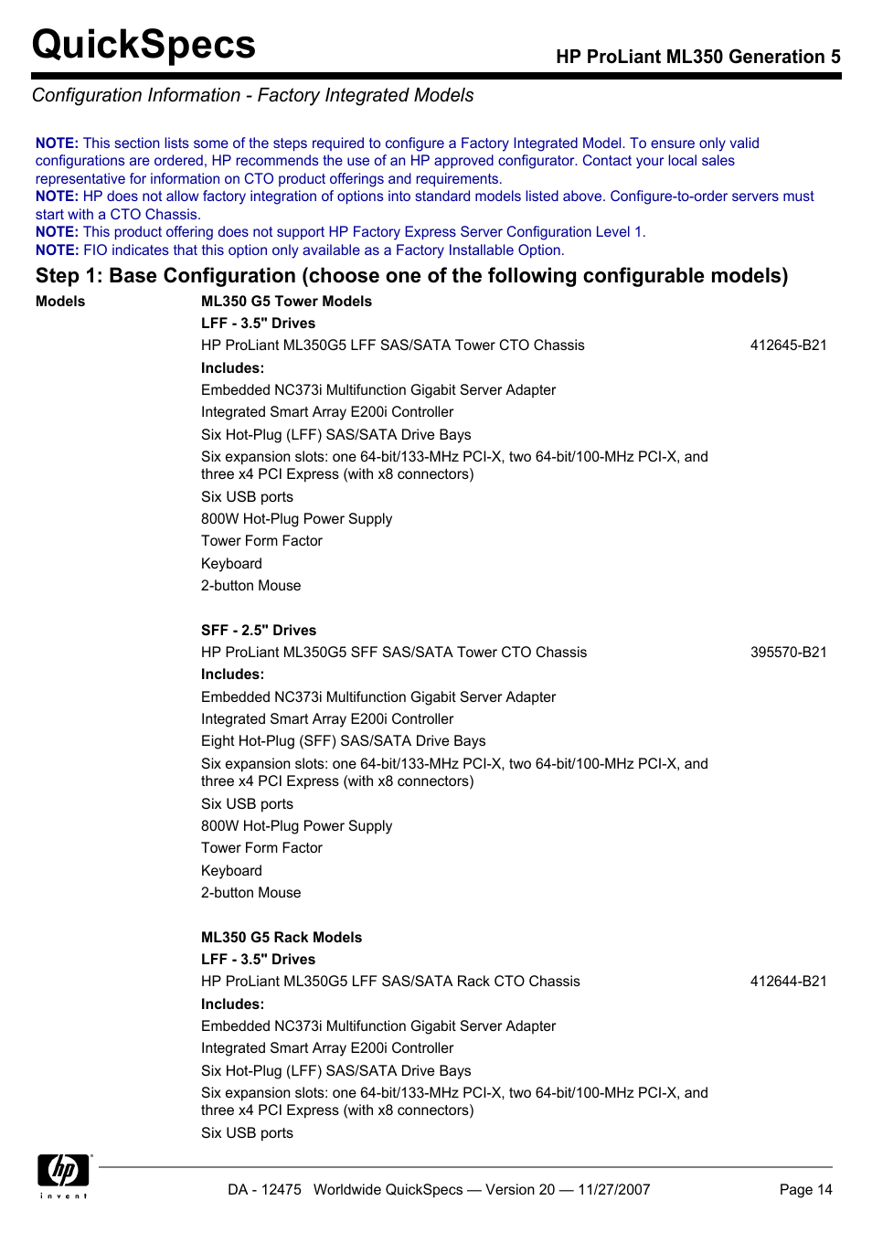 Quickspecs | HP Hewlett-Packard ProLiant Generation 5 Computer ML350 User Manual | Page 14 / 44